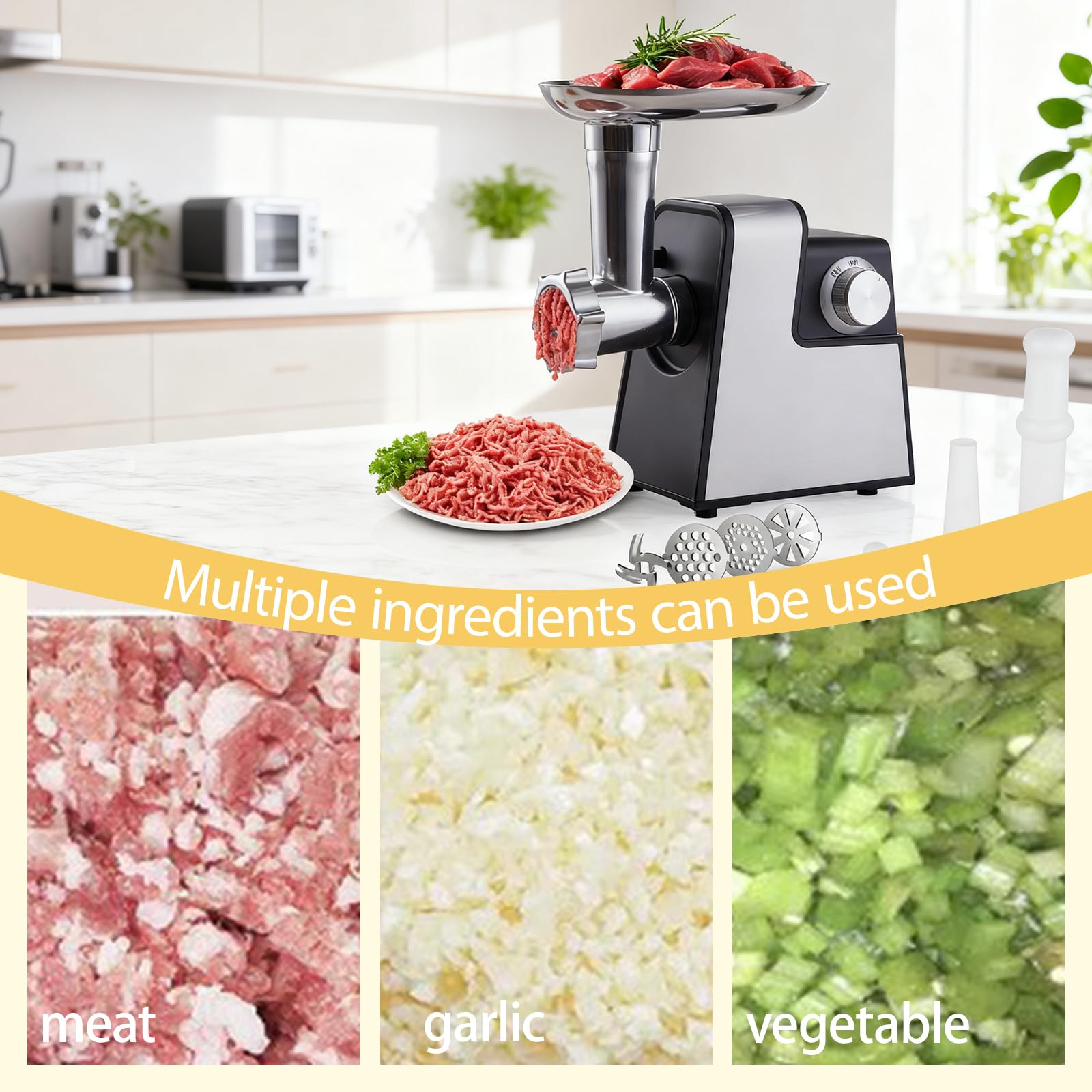 Picadora de carne eléctrica compacta, embutidora de salchichas doméstica pequeña con tubo de salchicha y kit Kubbe, picadora de carne para uso doméstico en la cocina