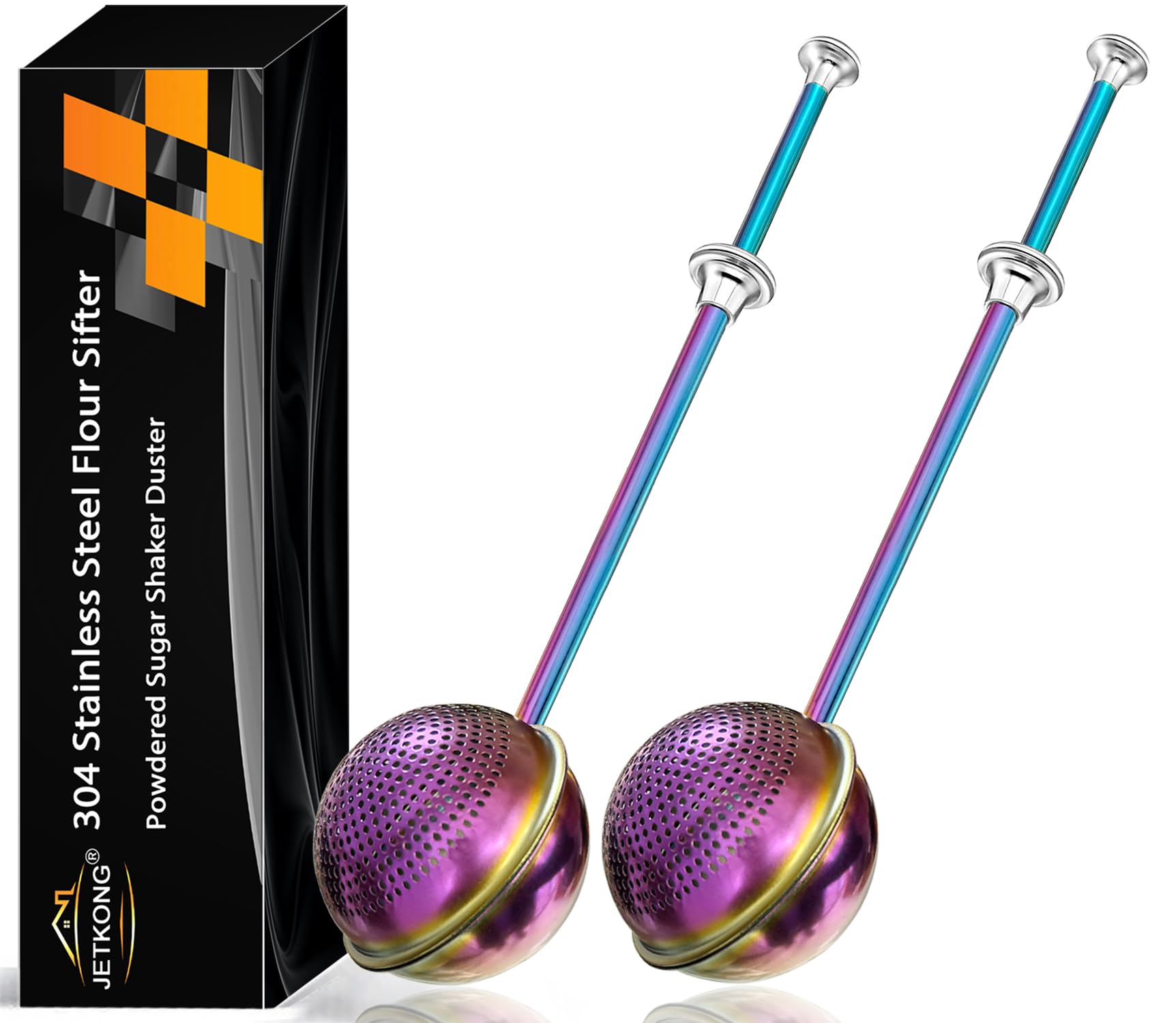 jetkong large flour sifter, baking sifters with 18/8 stainless steel dusting wand for sugar, flour and spices, set of 2 (large, rainbow)