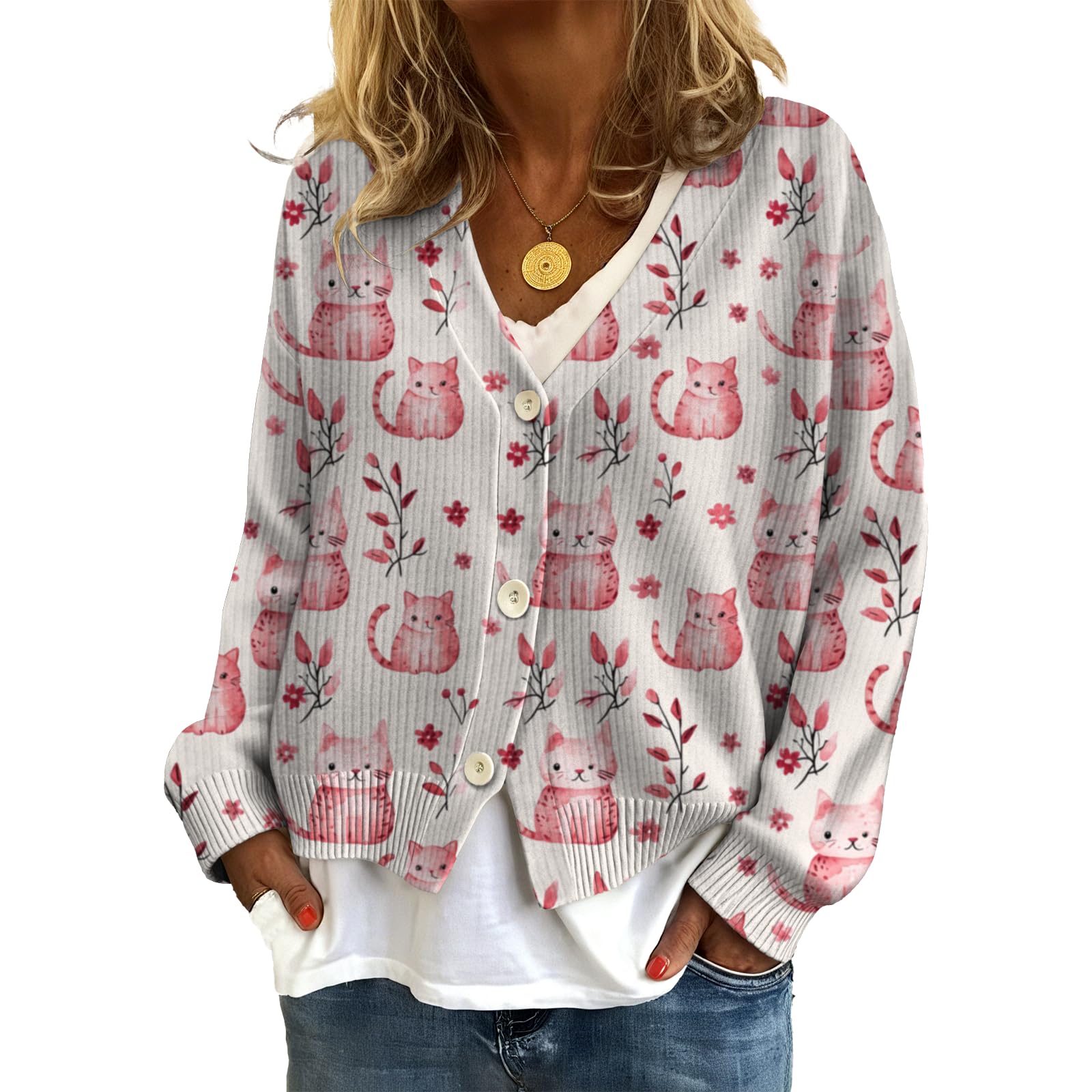 MARSVOVO Fashion Button Down Cardigan Sweaters for Women Dressy Casual V Neck Long Sleeve Sweater Lightweight Fall Tops