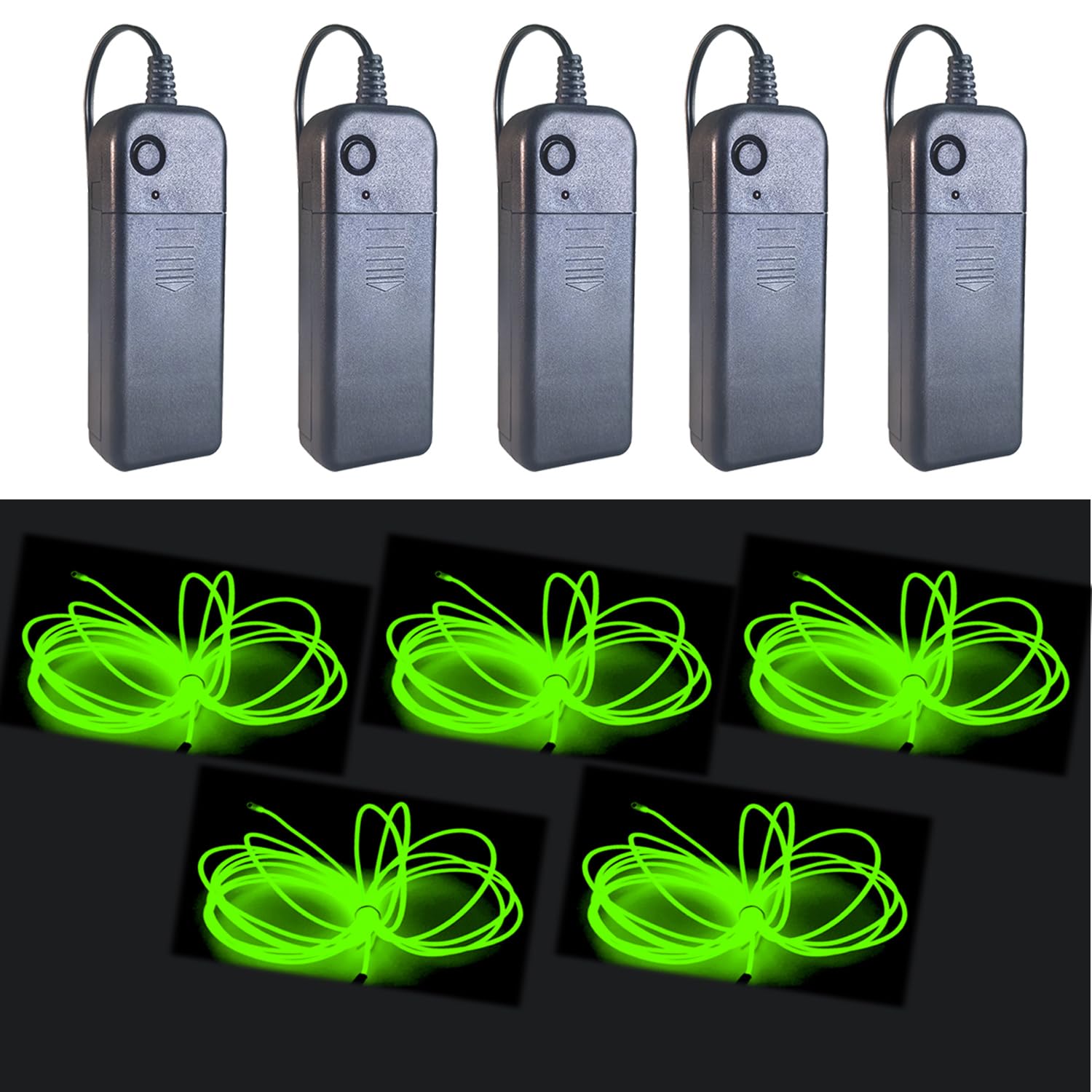 Gcidto EL Wire 5-Colour Pack, 9ft（2.75m） Neon Light Wire 5‑Pack with Noise Reduction & Controller Pack for Halloween Décor & DIY. (Fluorescent Green)
