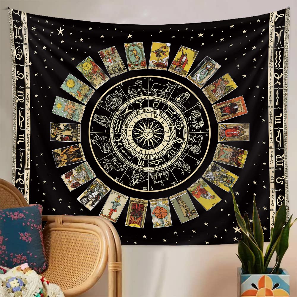 Spiritual Tapestry Star Tarot Card Tapestry Zodiac Astrology Witch Constellation Tapestries Aesthetic Wall Hanging for Teen Girl's Bedroom (Black