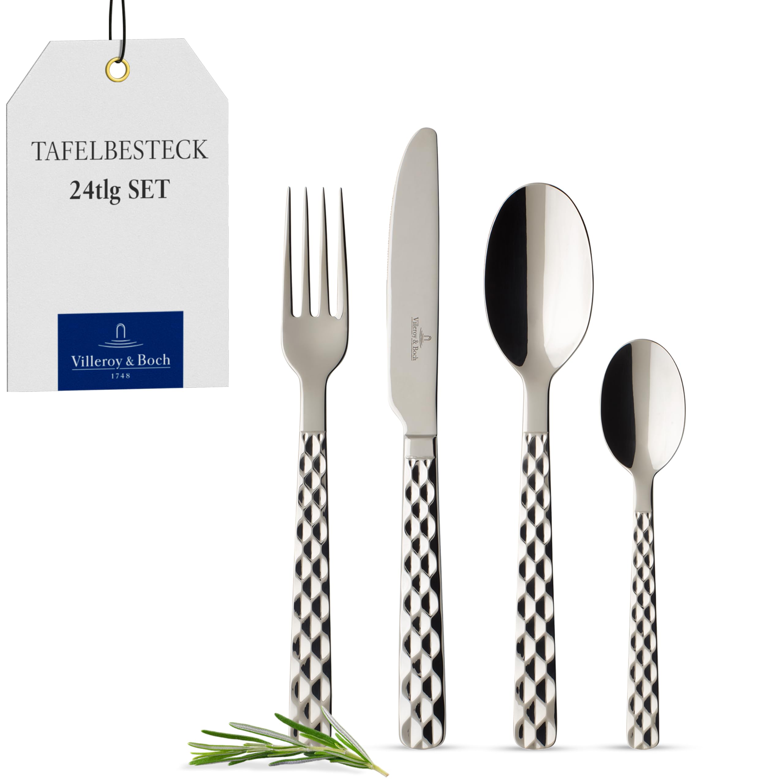 Villeroy & Boch Boston Tafelbesteck-Set 24-teilig für 6 Personen, Rostfreier Edelstahl, Spülmaschinenfest, Alleskönner für Alltag und Festtag, Haptisches Rauten-Relief, Polierter Edelstahl