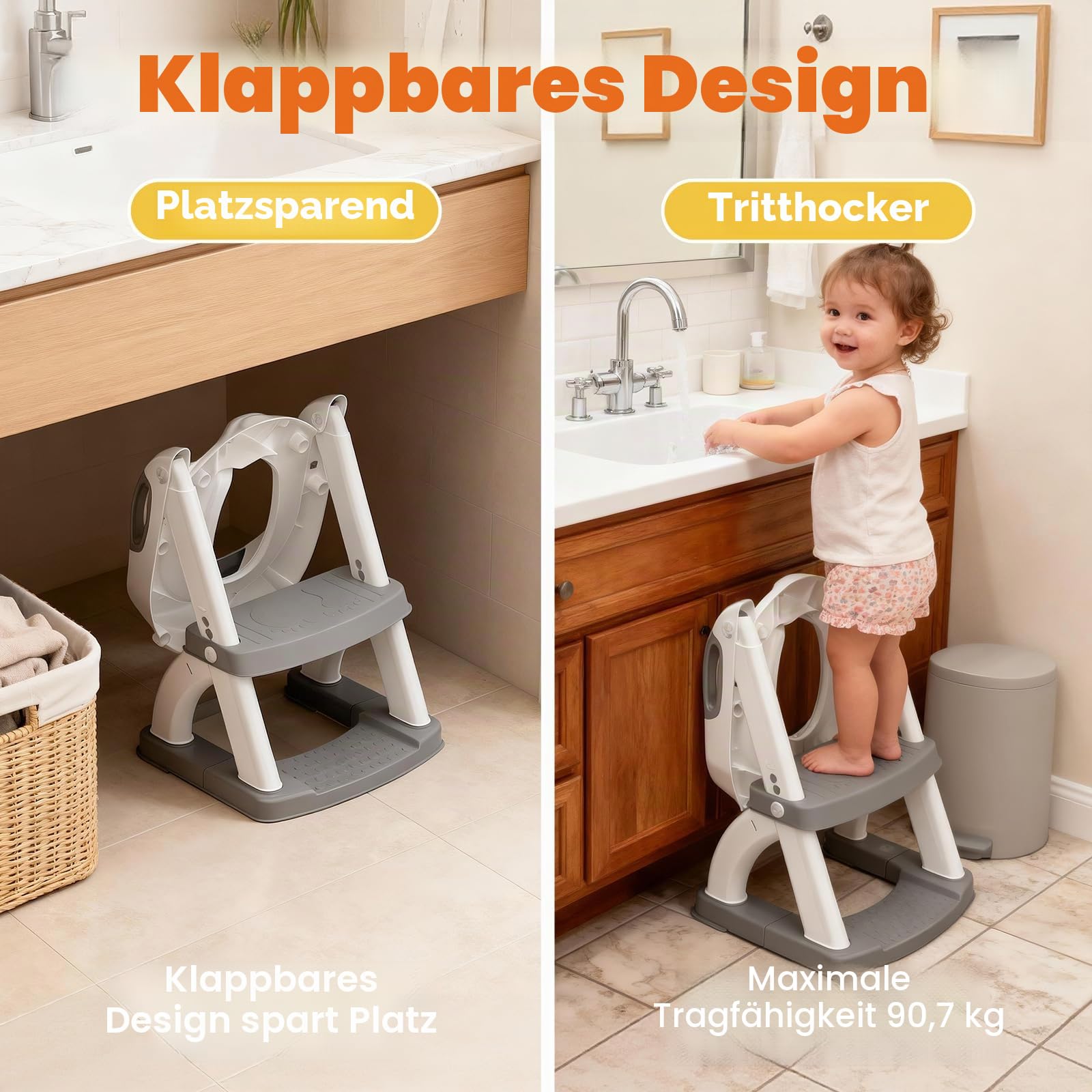 SKYROKU Toilettensitz 2 in 1 Toiletten Aufsatz für Kinder 2-7 Jahre Upgraded Stabil bis 90kg PP(BPA-frei) Wc Sitz mit Treppe Brille Toilettenleiter Rutschfestes Familie Kita (Grau-8898)