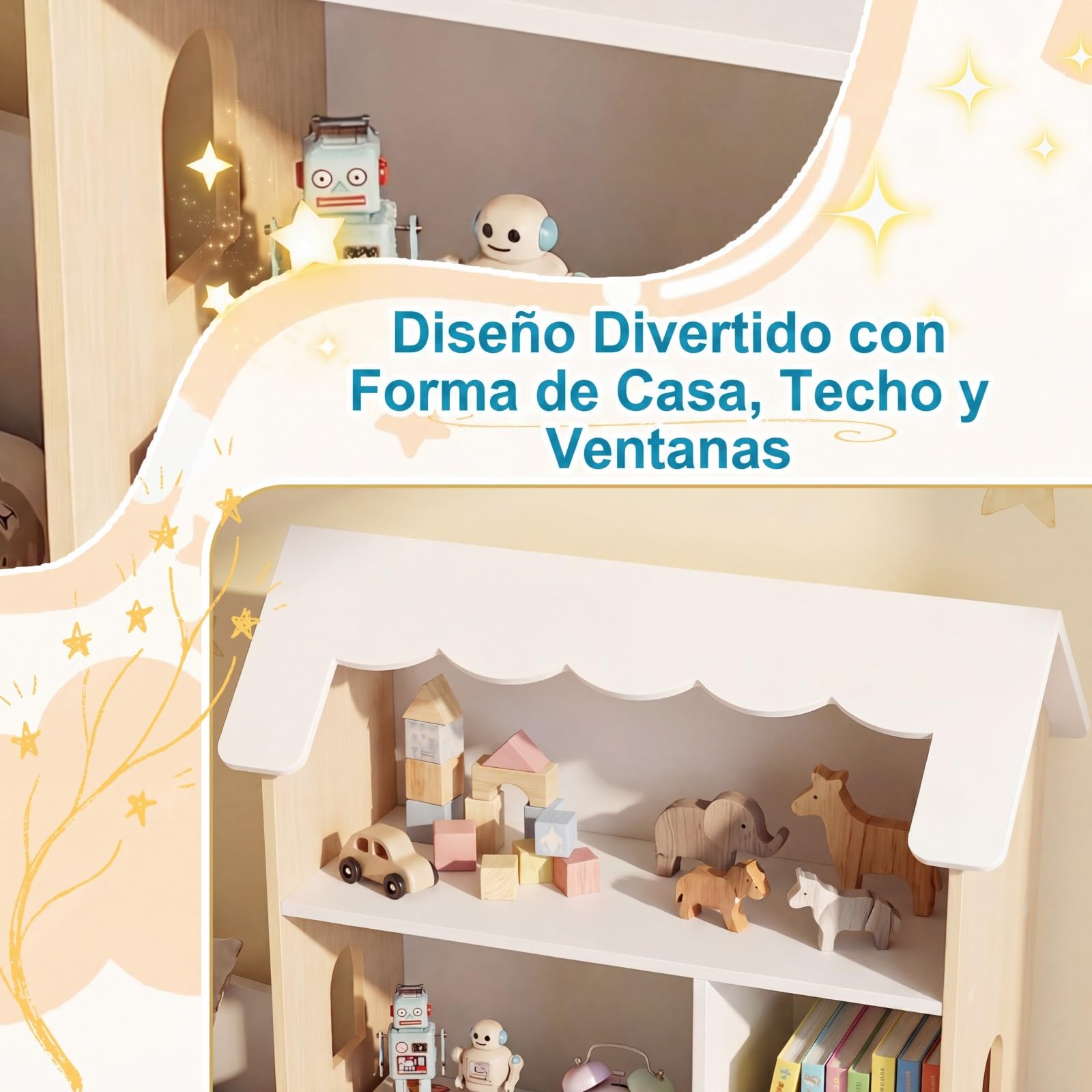 COSTWAY Librería Infantil de 3 Niveles, Estantería para Niños en Forma de Casa con Estantes Abiertos, Armario Organizador de Juguetes de Madera para Sala de Juegos Habitación Infantil Guardería