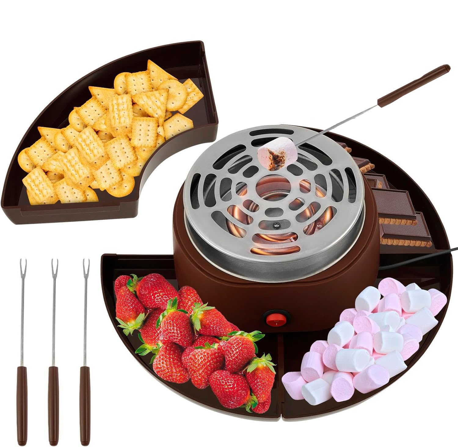 Kit Fondue au Chocolat - Machine à fondre sans flamme avec 4 fourchettes à tremper - Idéal pour les fêtes et soirées cinéma - Diamètre 30 cm