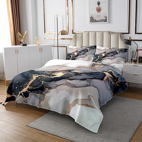Miniatura 3 de Erosebridal Juego de colcha de mármol negro tamaño Queen, juego de colcha de mármol negro y gris para hombres, adolescentes y niños, moderno, gris y