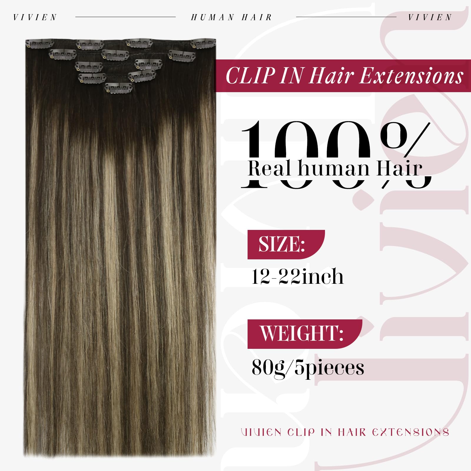 Vivien Human Hair Extensions Clip in Ombre Chocolate Brown to Caramel Brown Remy Clip in Hair Extensions 16 Inch #4/27/4 5Pcs 80g — view 2
