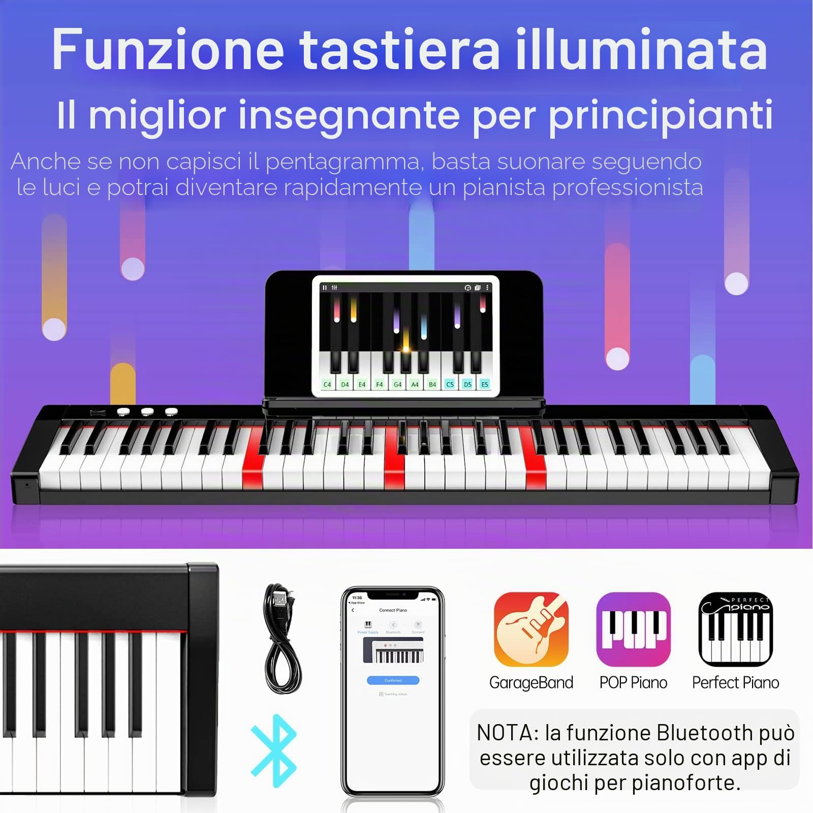 TERENCE Pianoforte Digitale Portatile 61 Tasti semi-pesati con Supporti e batteria da 1800 mAh Tastiera e interfaccia MIDI e supporto per spartiti Bluetooth Borsa adesiva Cavo audio Auricolari