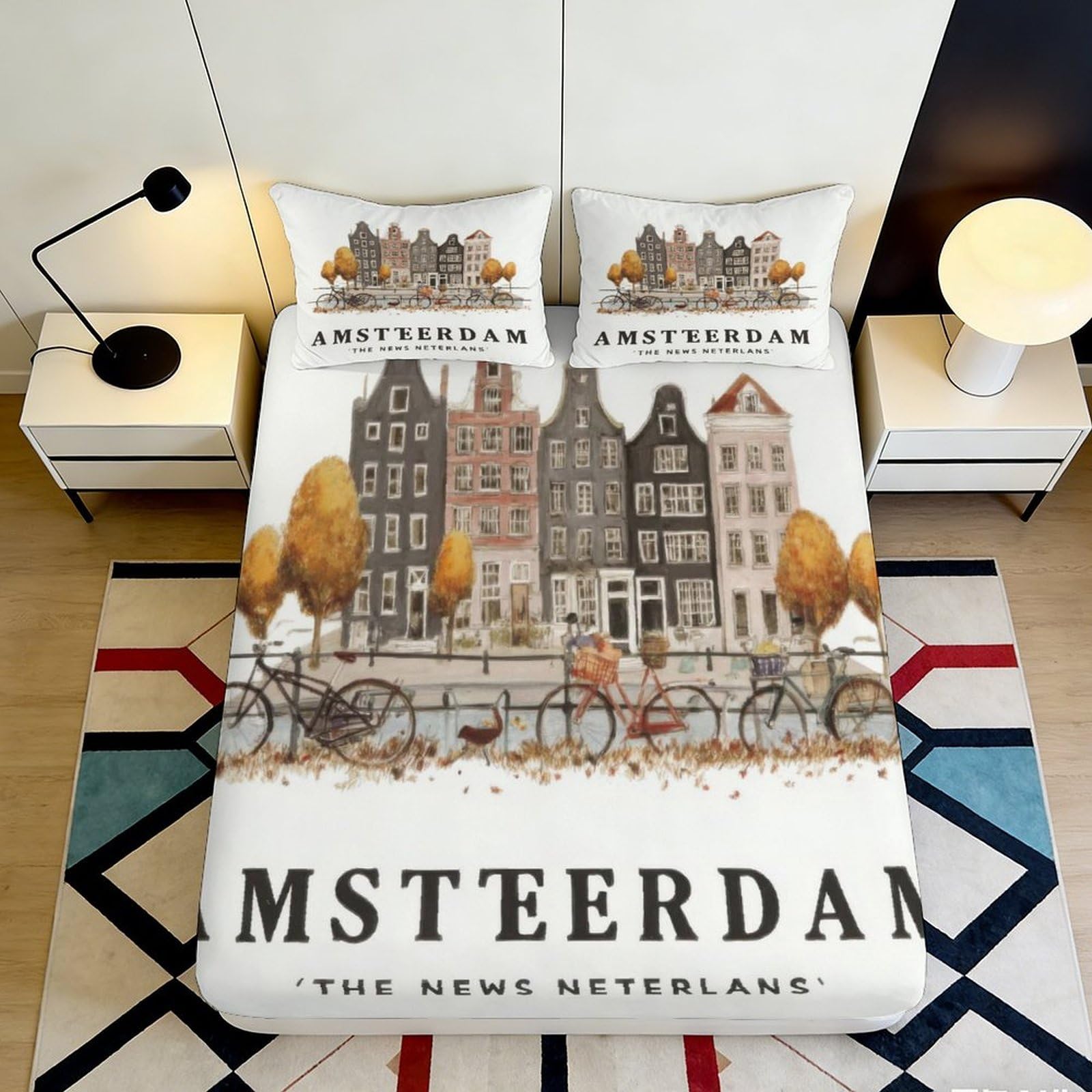 Uynsixtme Style-9 3D Printed Amsterdam Street Fitted Sheet Microfiber Deep Pocket Bedroom Bedding Amsterdam Mattress Fitted Cover Washable 140X200x25cm