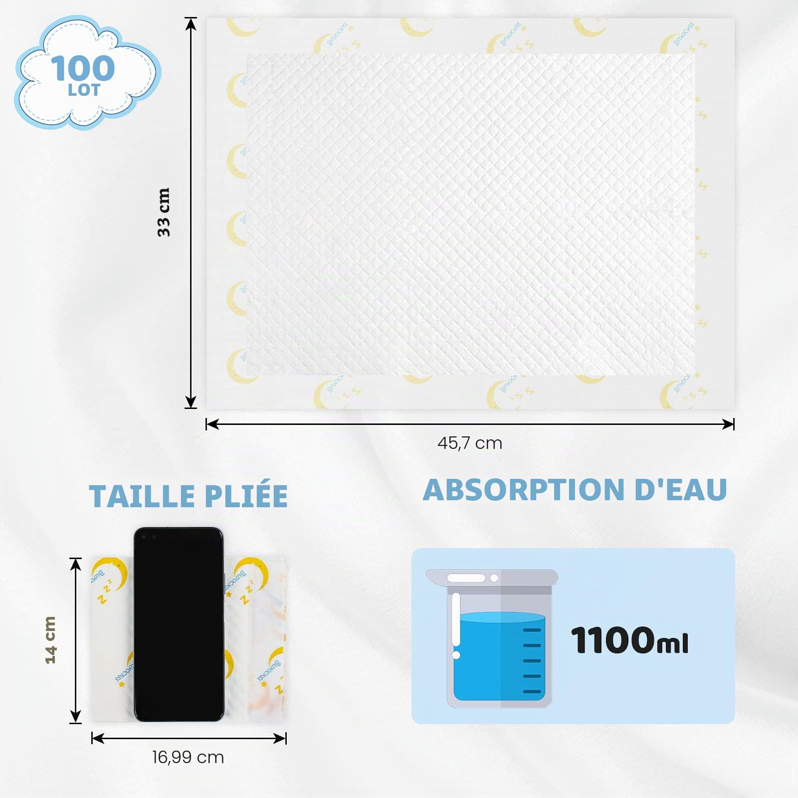 Lot de 100 alèses à Langer jetables pour bébé - Absorption Rapide - Doux, Respirant, imperméable - Anti-Fuite - 33 x 45,7 cm