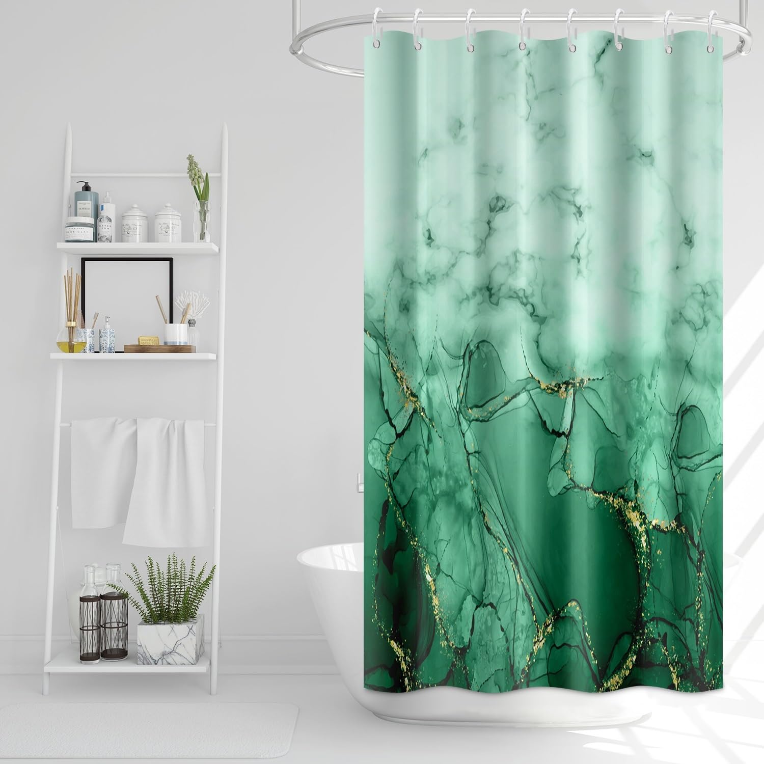 Rideau de douche vert imperméable en tissu anti-projections avec crochets