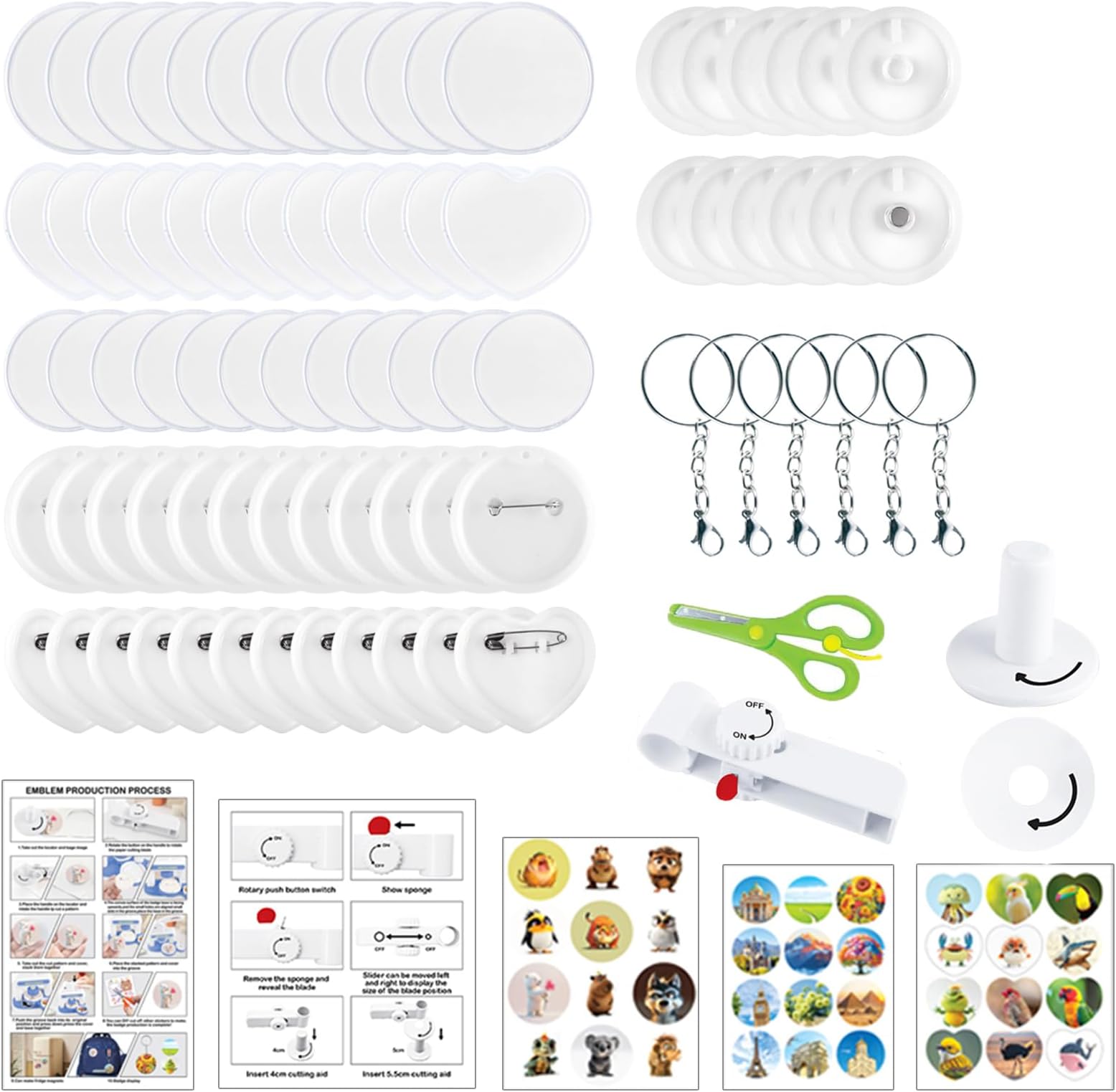 Badge Making Kit for Kids, Pin Maker Badges Make Your Own DIY Maker Kit 55/35mm, 36pcs Plastic Button Parts & Stickers, Badge Making for Party, Gifts (Parts kit)
