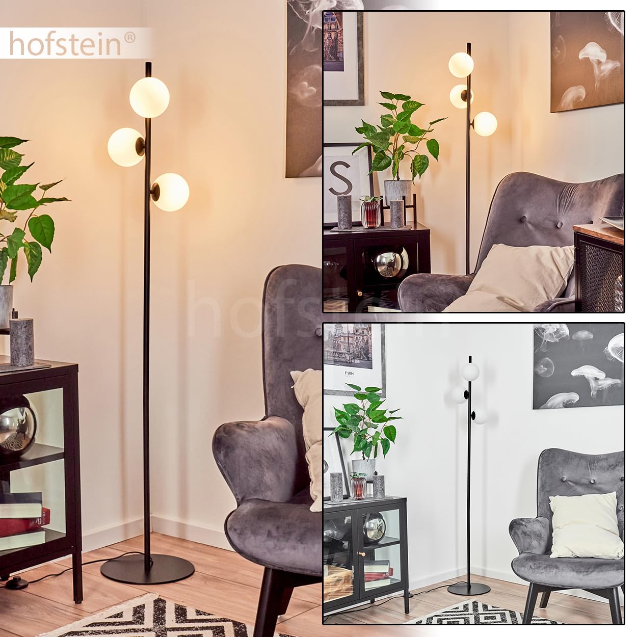 Stehleuchte Remaisnil, moderne Stehlampe aus Metall/Glas in Schwarz/Milchglas, Standleuchte mit Schirmen aus Glas (Ø 12 cm), mit Fußschalter am Kabel, 3 x G9, ohne Leuchtmittel