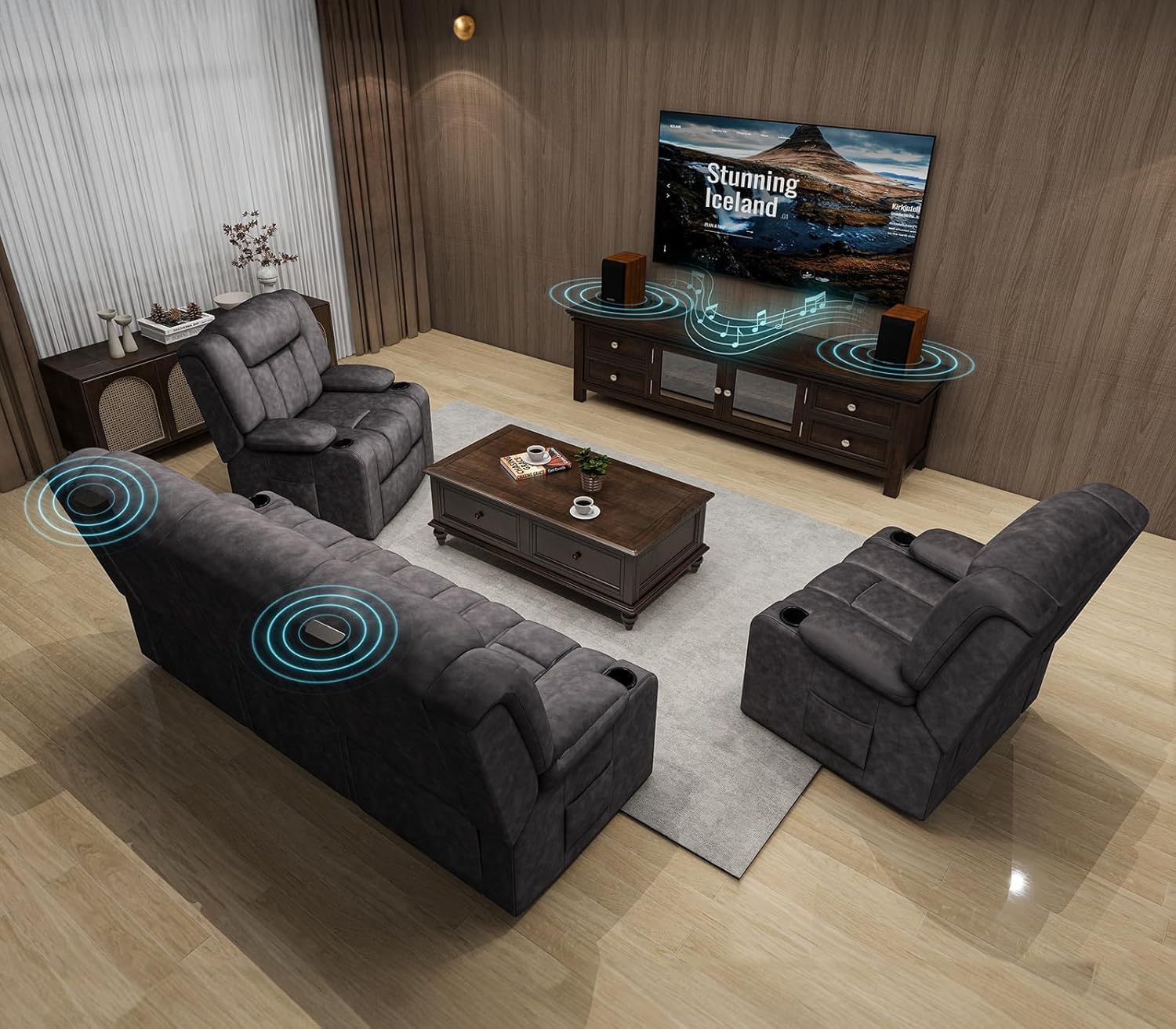 COMHOMA Loveseat Recliner Sofa,Fabric Home Theater Seating Seats,RV Manual Reclining Chair with Bluetooth Speakers,Living Room Furniture Set