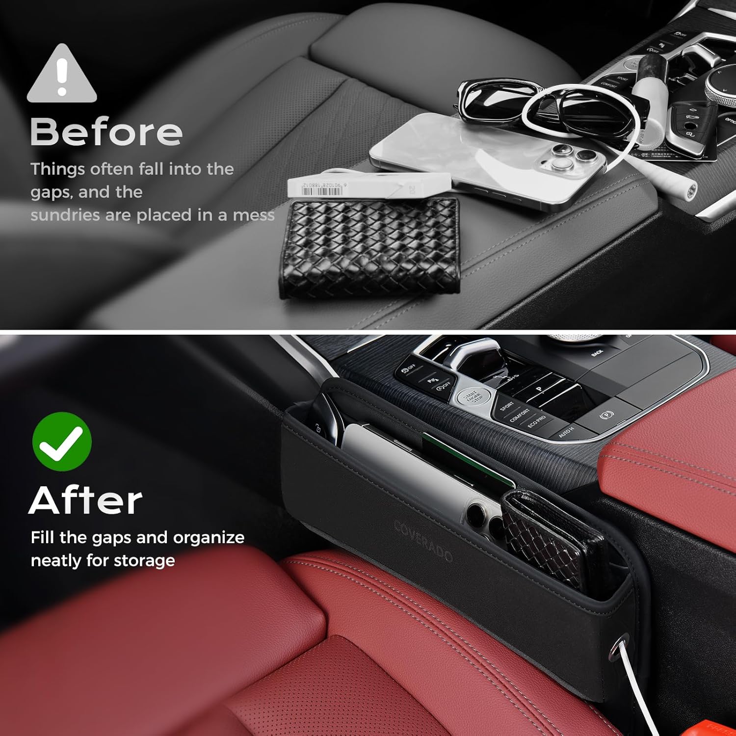 Coverado Universal Car Seat Gap Filler Organizer, Premium Suede Leather Car Seat Side Gap Filler, Seat Gap Storage Box for Suv Truck, Car Interior Accessories