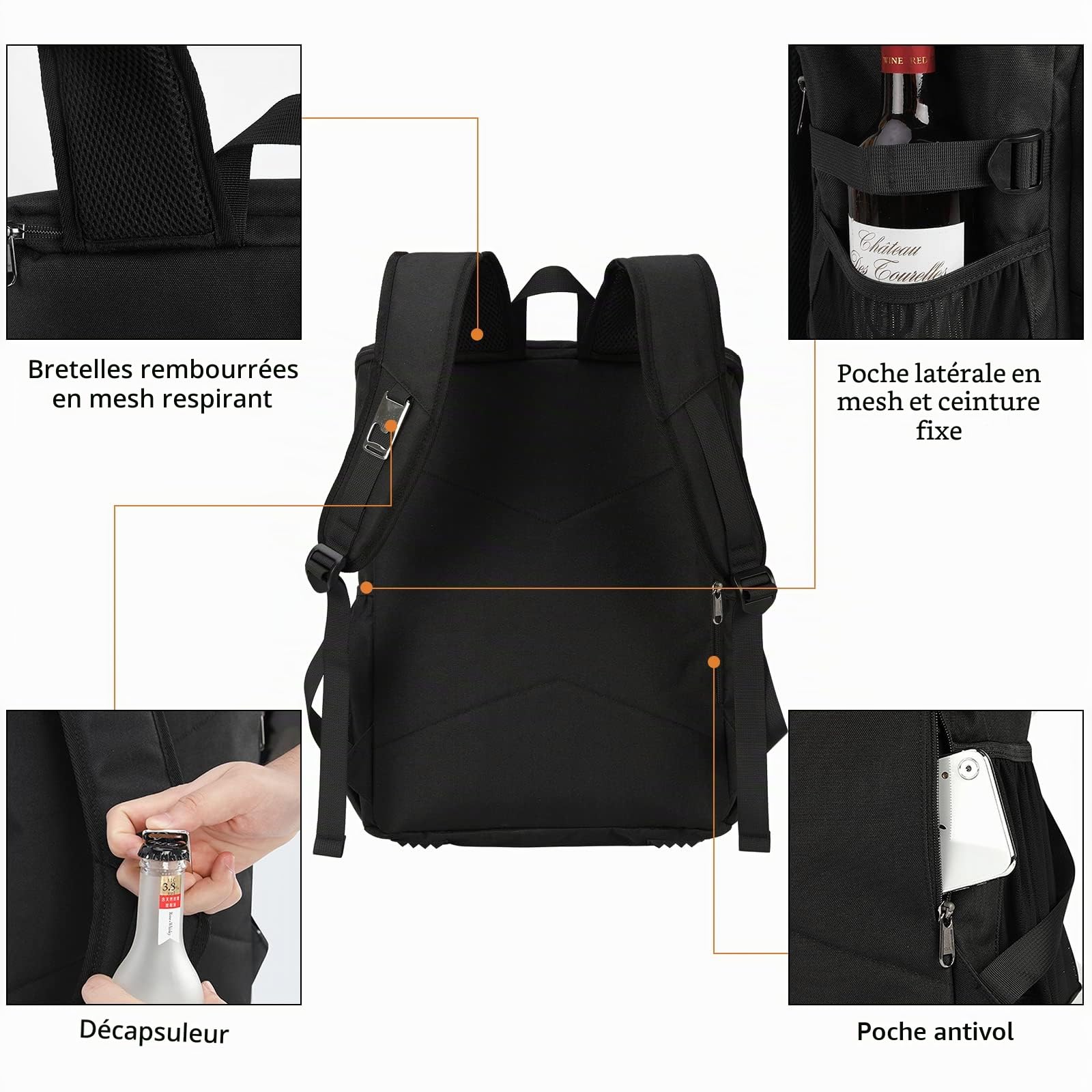 NEWHEY 30L Sac à Dos Isotherme Étanche Glacière Grand Sac à Dos de Pique-Nique Alimentaire Léger Déjeuner Camping BBQ Randonnée Noir