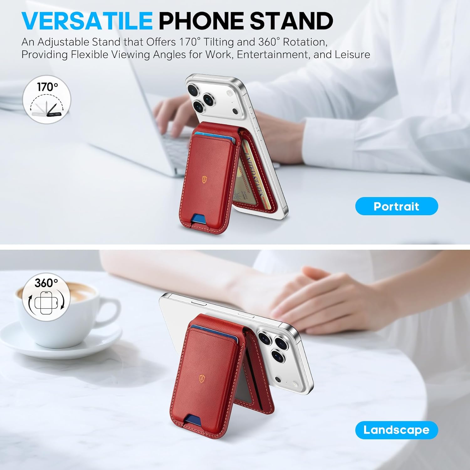 SHIELDON Genuine Leather Strong Magnetic Card Holder for MagSafe, Phone Wallet Stand, Angle Adjustment RFID Blocking 6 Cards Magnet Wallet Compatible with iPhone 17/16/15/14/13/12 Series - Red - Image 4