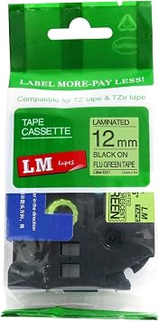 LM Tapes - Premium 1/2" 12mm Black on Fluorescent Green Compatible TZe P-Touch Tape for use with Brother PT-1100, PT1100 Ptouch Label Printer Includes Tape Size/Color Guide.