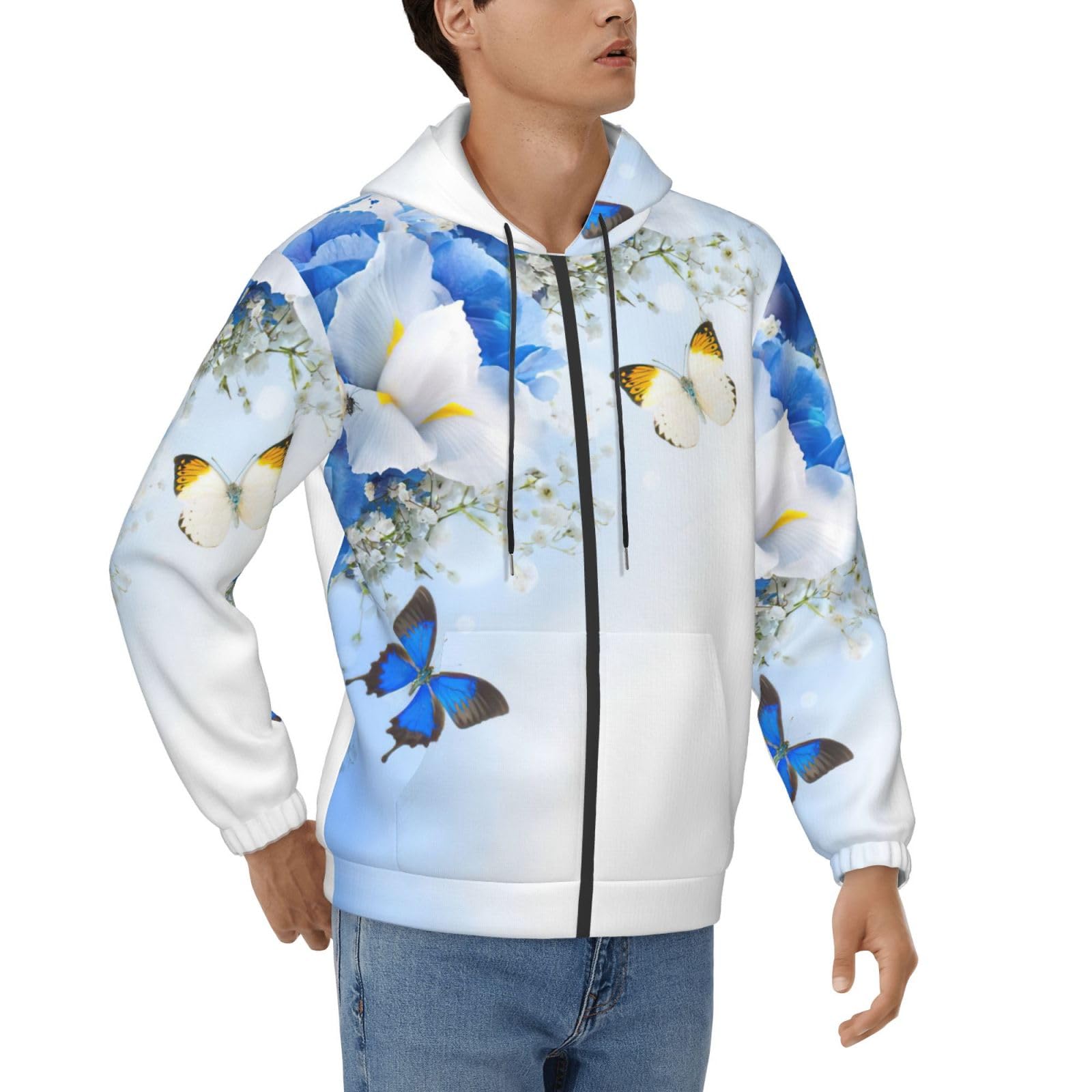 Sweat à capuche zippé EdWal à imprimé fleurs et papillons pour homme avec poches - 8