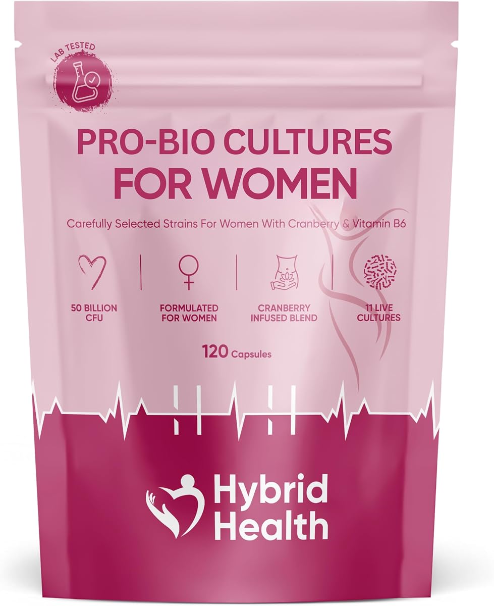 Hybrid Health Pro-Bio Cultures for Women - 2 Months Supply, 50 Billion CFU, 11 Live Cultures with Fibres, Cranberry & Vitamin B6, Multi-Strain Bio Cultures Complex, Vegan