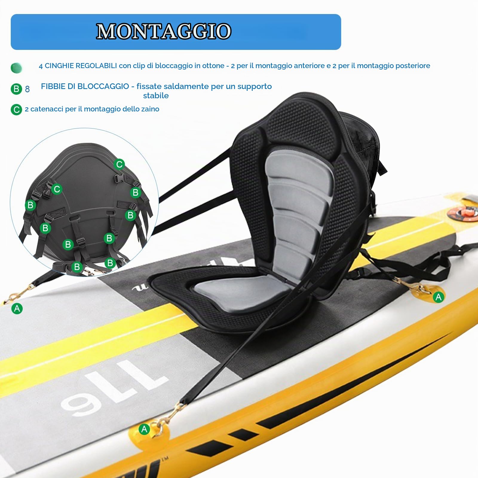 Sedile per Kayak con Sacca di Stoccaggio Rimovibile Sedile in Schiuma Eva per Barca Regolabile per Uso Multiplo Sedile per Kayak per Kayak, Canoe, Rafting, Yacht, Barche da Pesca