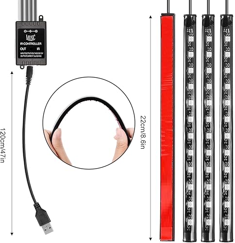 Miniatura 7 de Tira de luces LED para automóvil, 4 unidades de 48 luces LED USB para interiores, tira de luces multicolor de música para automóvil, kit de