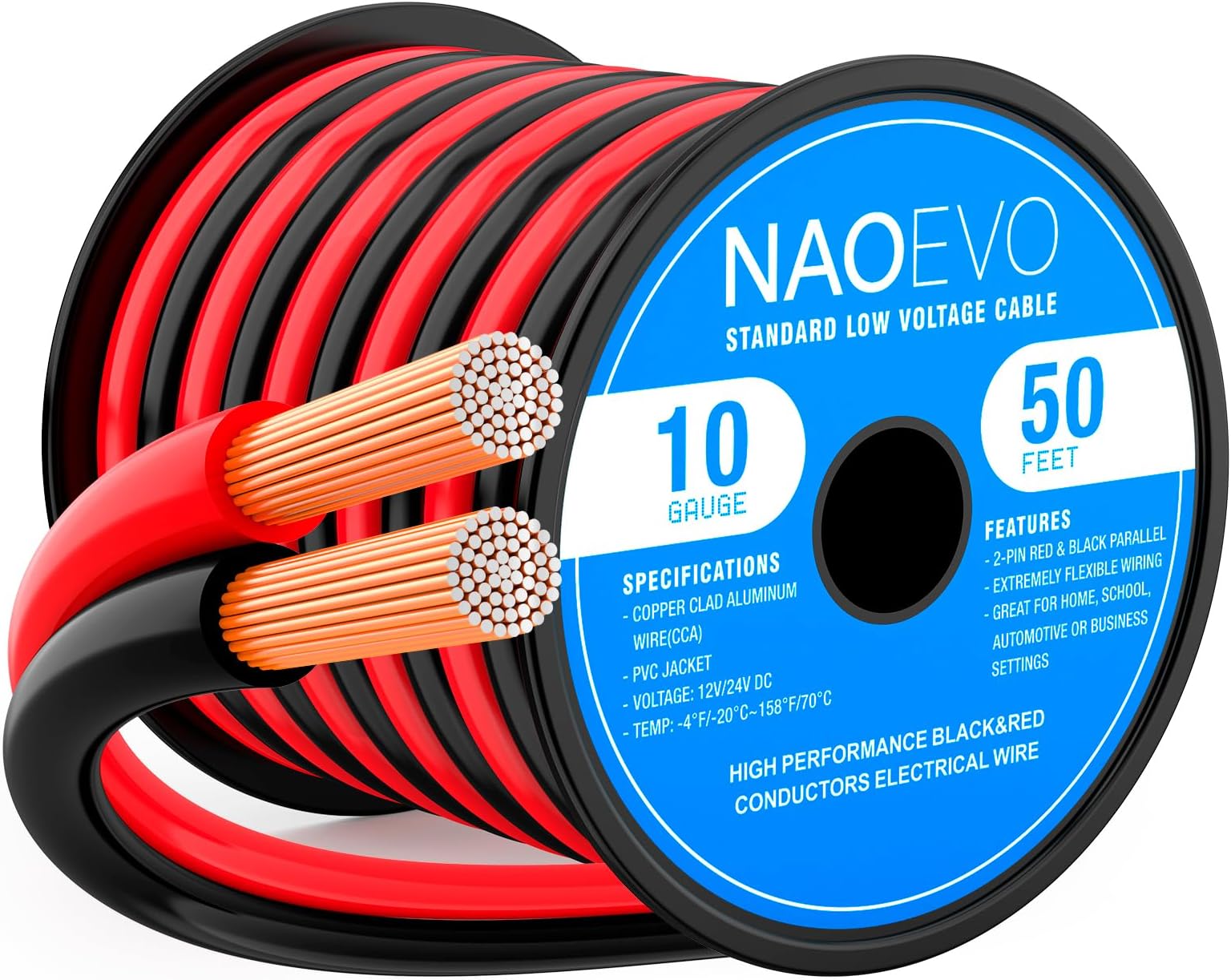 NAOEVO 10 Gauge Wire 50FT, 2 Conductors Electrical Wire Red Black Cable, Flexible/Low Voltage/PVC 10 AWG Copper Clad Aluminum Extension Cord for Speaker, LED Strips, Automotive 12V/24V DC