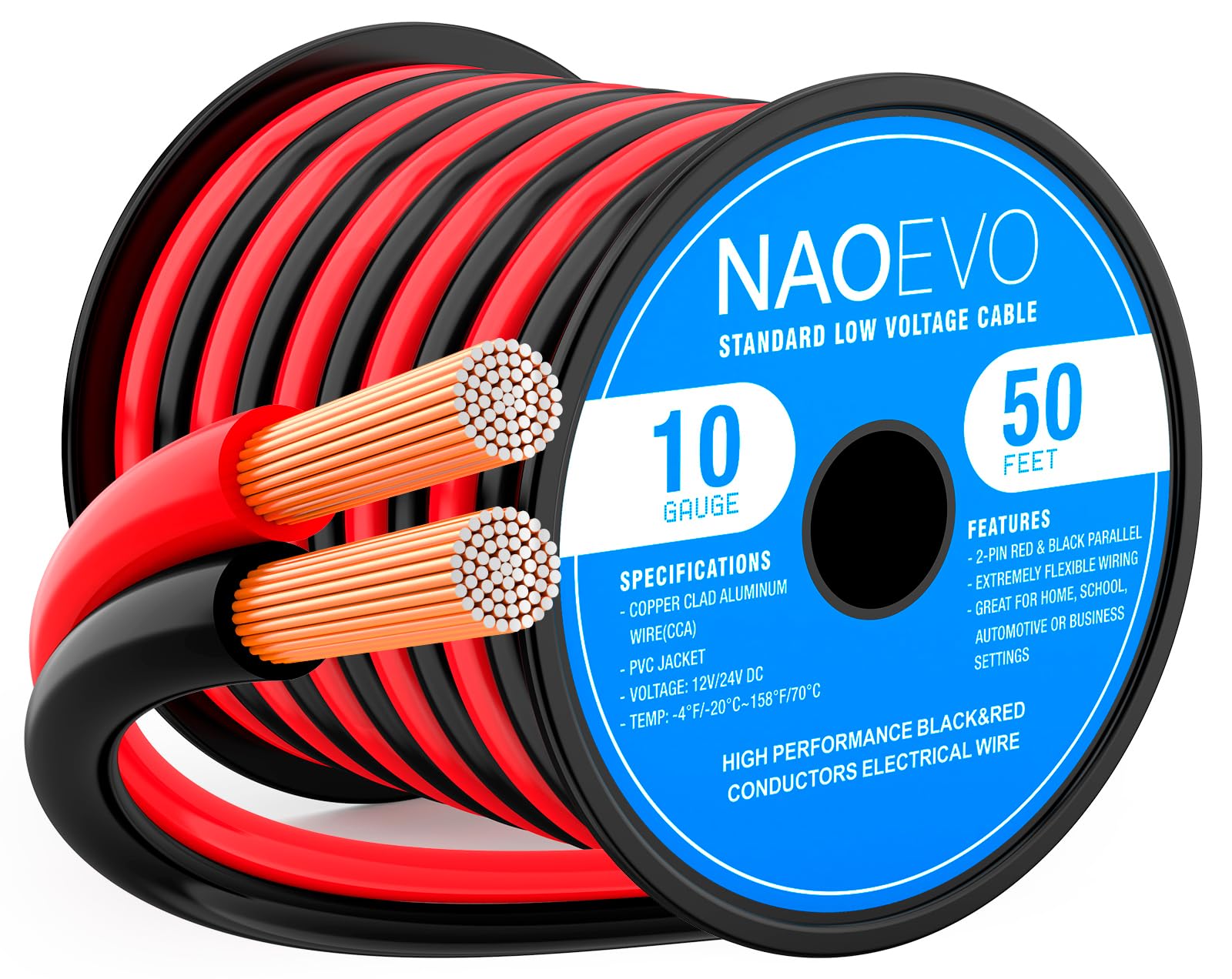 NAOEVO 10 Gauge Wire 50FT, 2 Conductors Electrical Wire Red Black Cable, Flexible/Low Voltage/PVC 10 AWG Copper Clad Aluminum Extension Cord for Speaker, LED Strips, Automotive 12V/24V DC