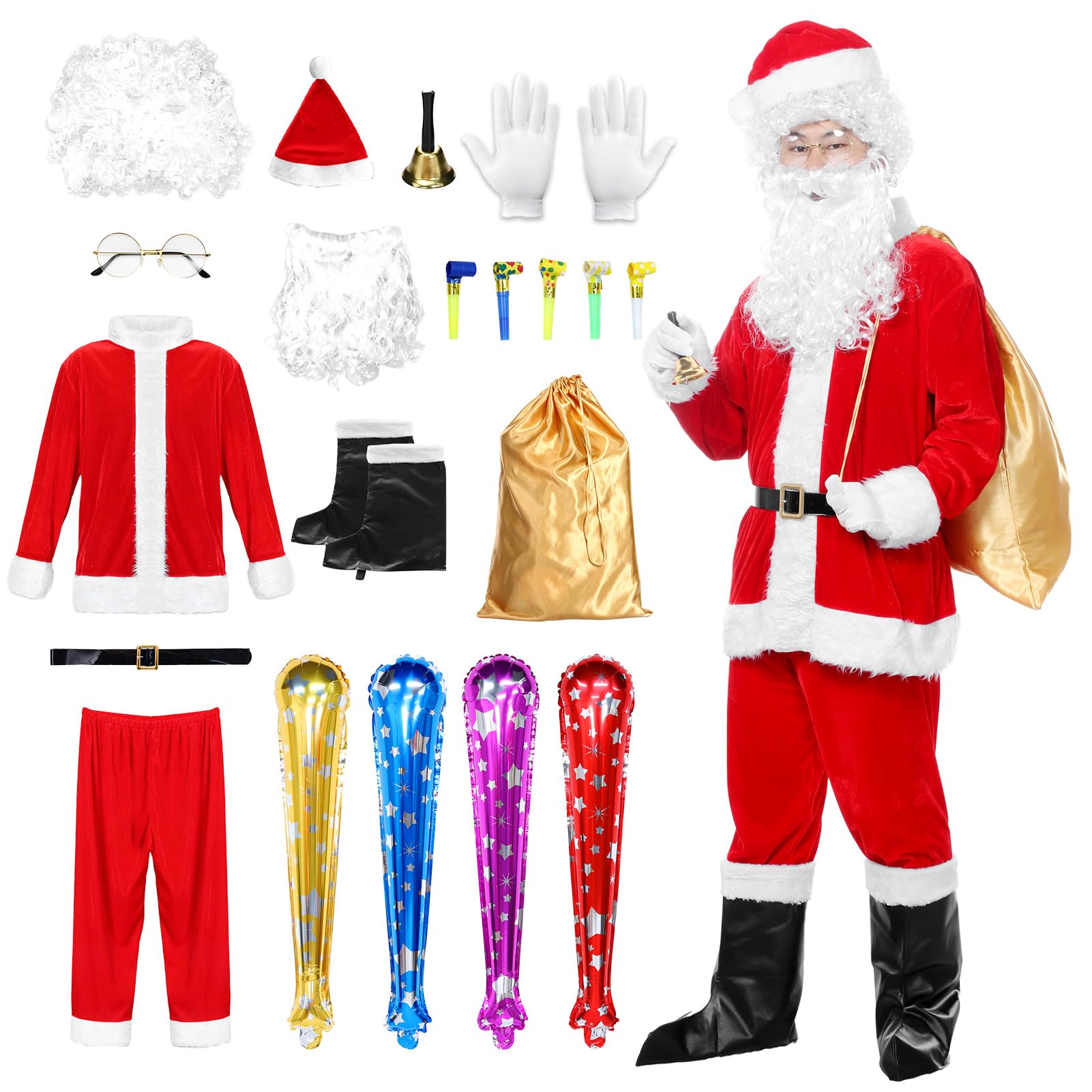 SERTAS Deluxe Santa Suit Costume for Men,Classic Red Adult Santa Outfit with Hat,Belt & Beard,Christmas Fancy Dress for Holiday Parties (XXXL)