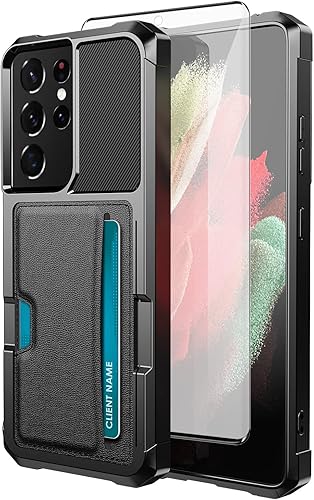 Asuwish Funda de teléfono para Samsung Galaxy S21 Ultra 5G con protector de pantalla de vidrio templado y soporte delgado para tarjeta de crédito,