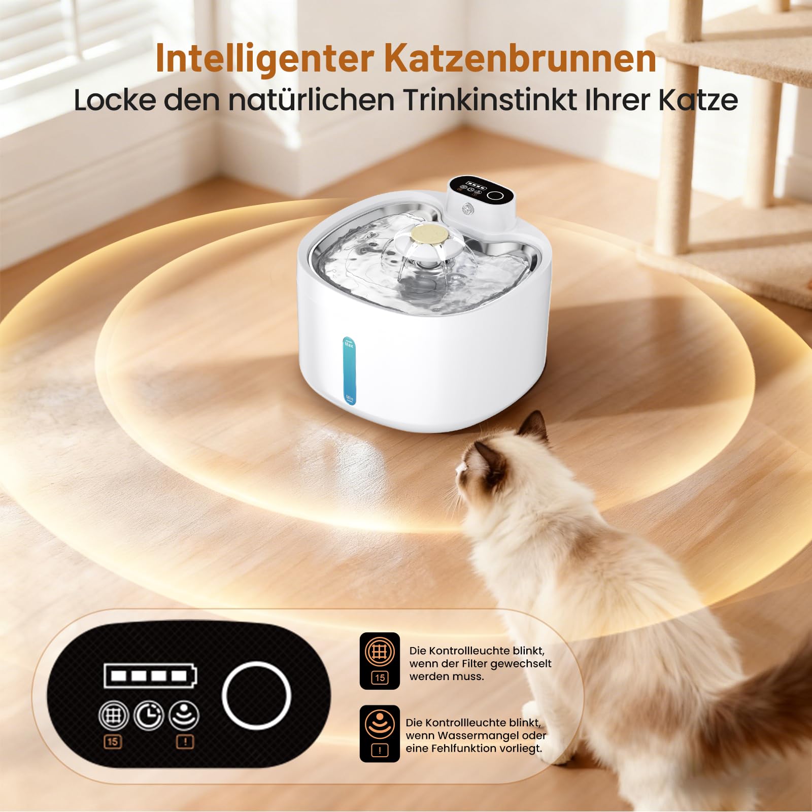Katzenbrunnen, 2.6L Trinkbrunnen für Katze mit 4 Filter, Leise Katzenbrunnen Kabellos mit Bewegungsmelder, 4000mAh Batteriebetrieben Katzentrinkbrunnen, Tablett aus Edelstahl für Katze - BPA-Frei