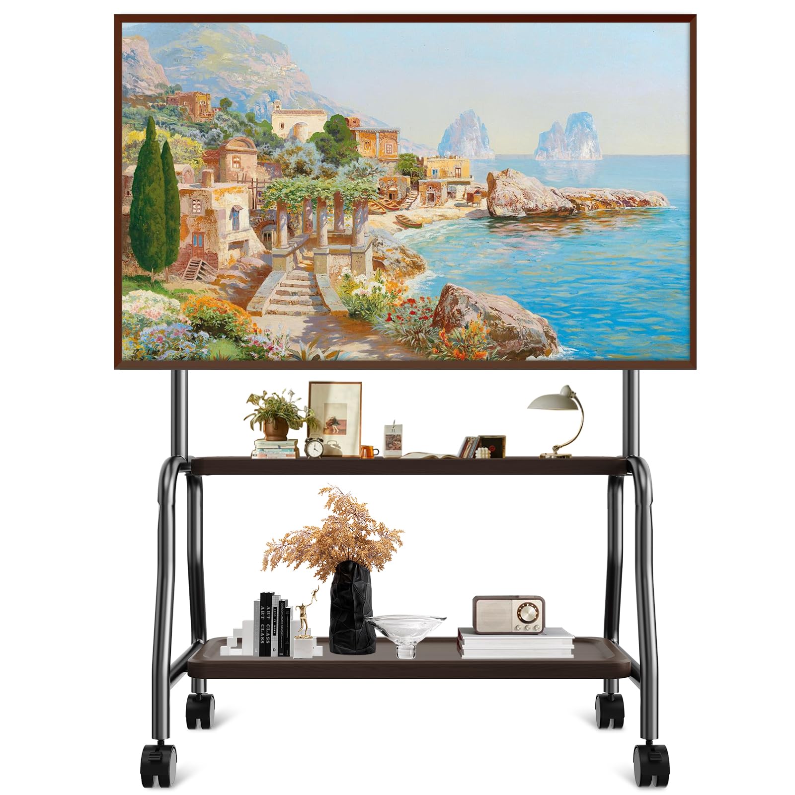 Soporte de TV enrollable para televisores de 32 a 75 pulgadas de hasta 50 kg, soporte de TV con ruedas con estante de madera, soporte de suelo para TV de altura ajustable, máx. VESA 600 x