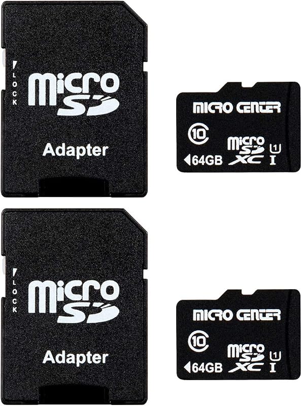 Tarjeta de memoria flash MicroSDHC Micro Center de 64 GB Clase 10 con adaptador, paquete de 2 | Velocidad de lectura de 80 MB/s, clasificación U1 A1, para cámaras de seguridad, teléfonos inteligentes, drones, tabletas y PC