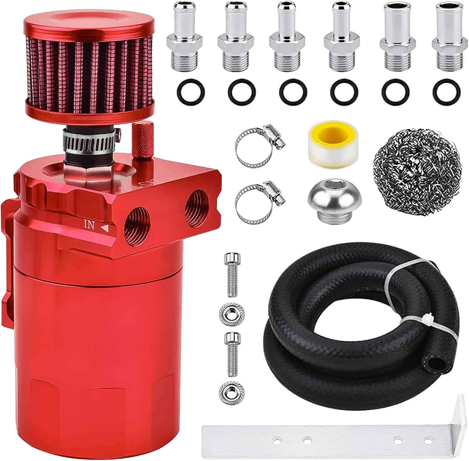 Universal Baffled Oil Catch Can 300ml Aluminum Polish Oil Separator Catch Can Kit Reservoir Tank with Breather Filter & 3/8" NBR Fuel Line/6 Fittings/Necessary Accessories,Red