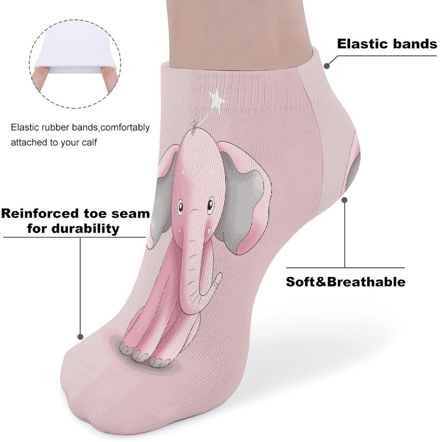 Pink Elephant Ankle Socks for Men Women 5 Pairs | Comfortable Casual Low Cut Socks, Lightweight No Show Breathable Athletic Socks, Soft Mini Crew Socks for All Seasons