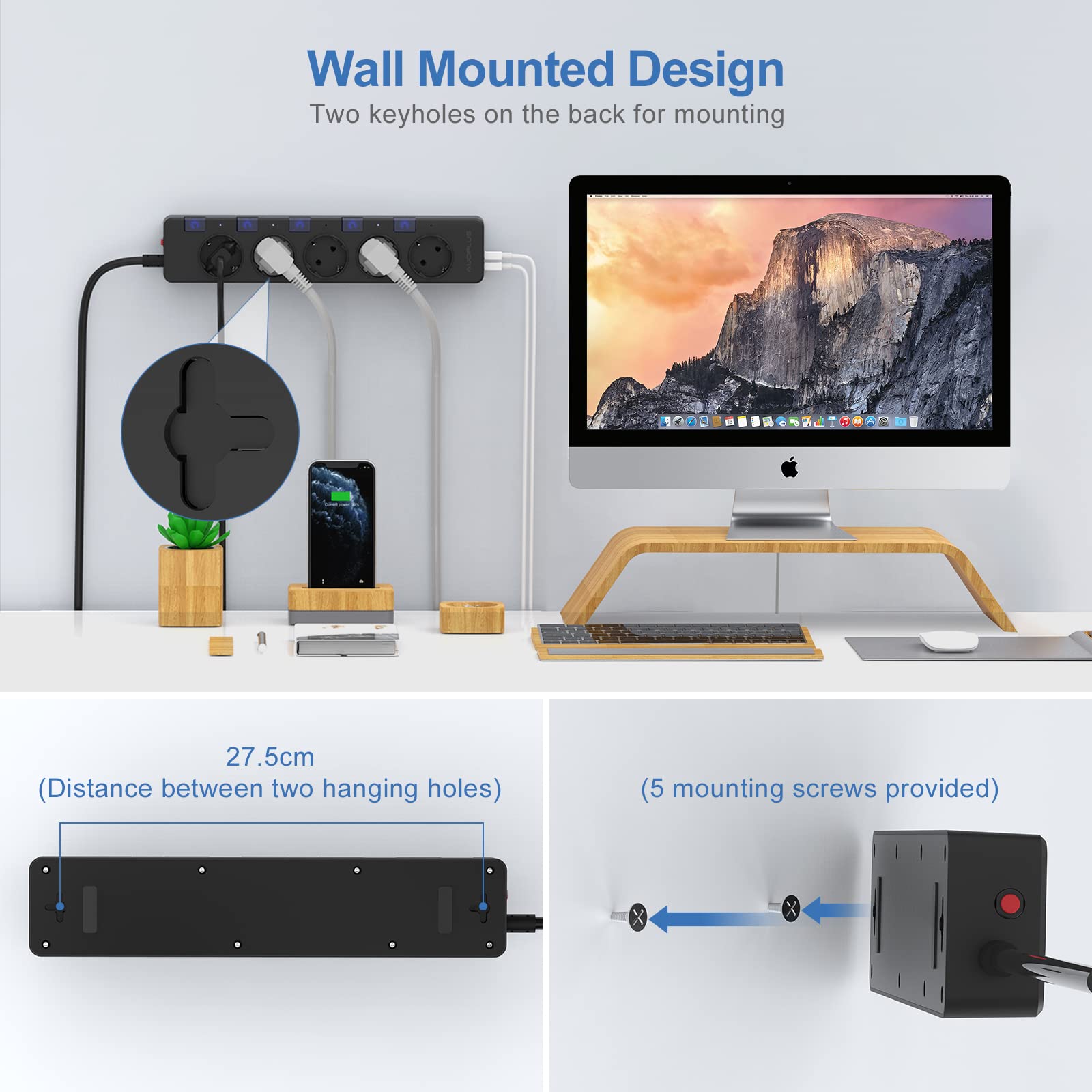 Regleta con conmutación individual, 5 enchufes múltiples con 1 USB-C y 3 USB-A, regleta con protección contra sobretensiones (3680 W/16 A), enchufe de distribución con protección infantil para hogar