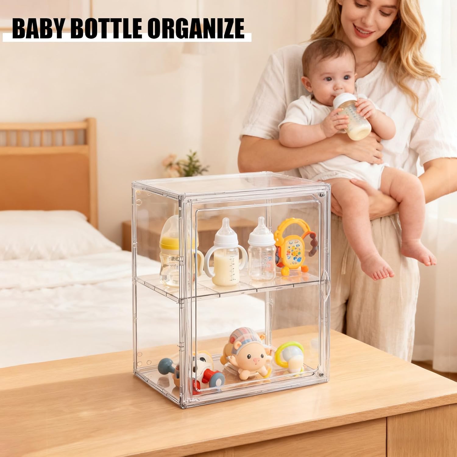 Baby Bottle Organizer, 3 Tiers Adjustable Clear Acrylic Storage Station Case Box Container for Bottles, Pacifiers, Pump Parts, Bottle Organizer Baby for Countertop and Cabinet (M)