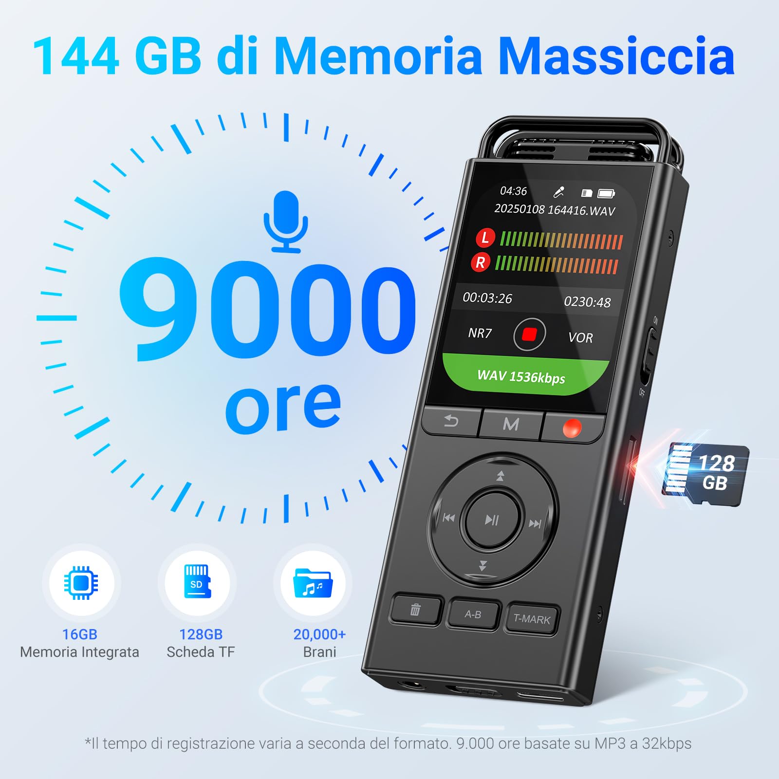 MECHEN 144 GB Registratore Vocale Digitale, Registratore Vocale Attivato con Tempo di Registrazione 10.000 h, Audio HD 3072Kbps, Riduzione del Rumore, Modalità Prima, Password e Riproduzione (V06)