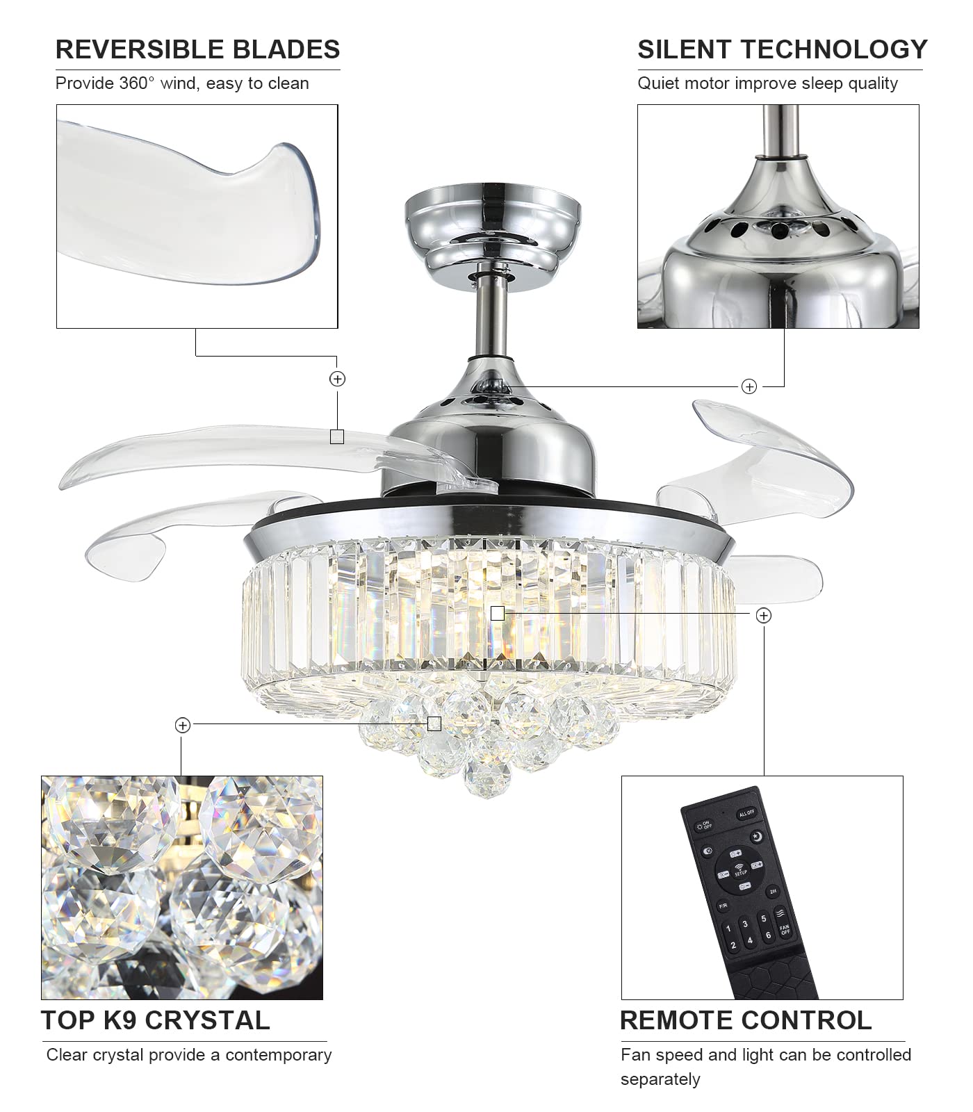 Buy 7PM Crystal Ceiling Fans with Lights Remote Control, 36 Inch Modern