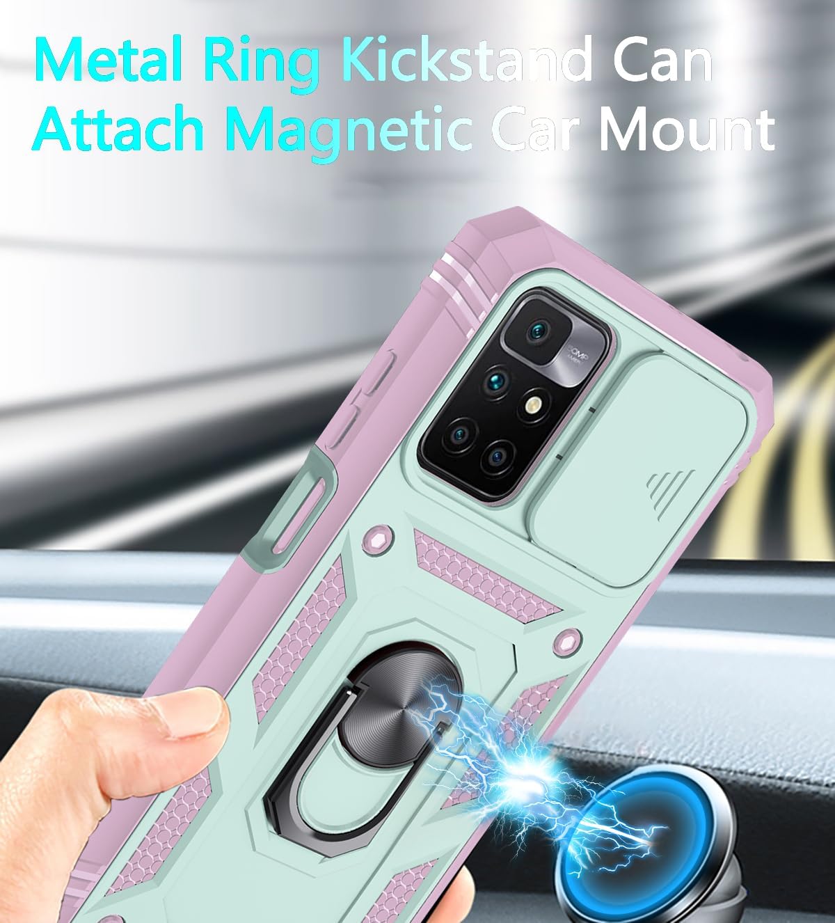 Anouke for Redmi 10 Case, Redmi 10 Cover with 3 Pcs Tempered Glass Screen Protector Built in Ring Stand Kickstand + Camera Cover, Hard PC Soft TPU Defender Full Body Protective Armor Case - Green/Pink - Image 3