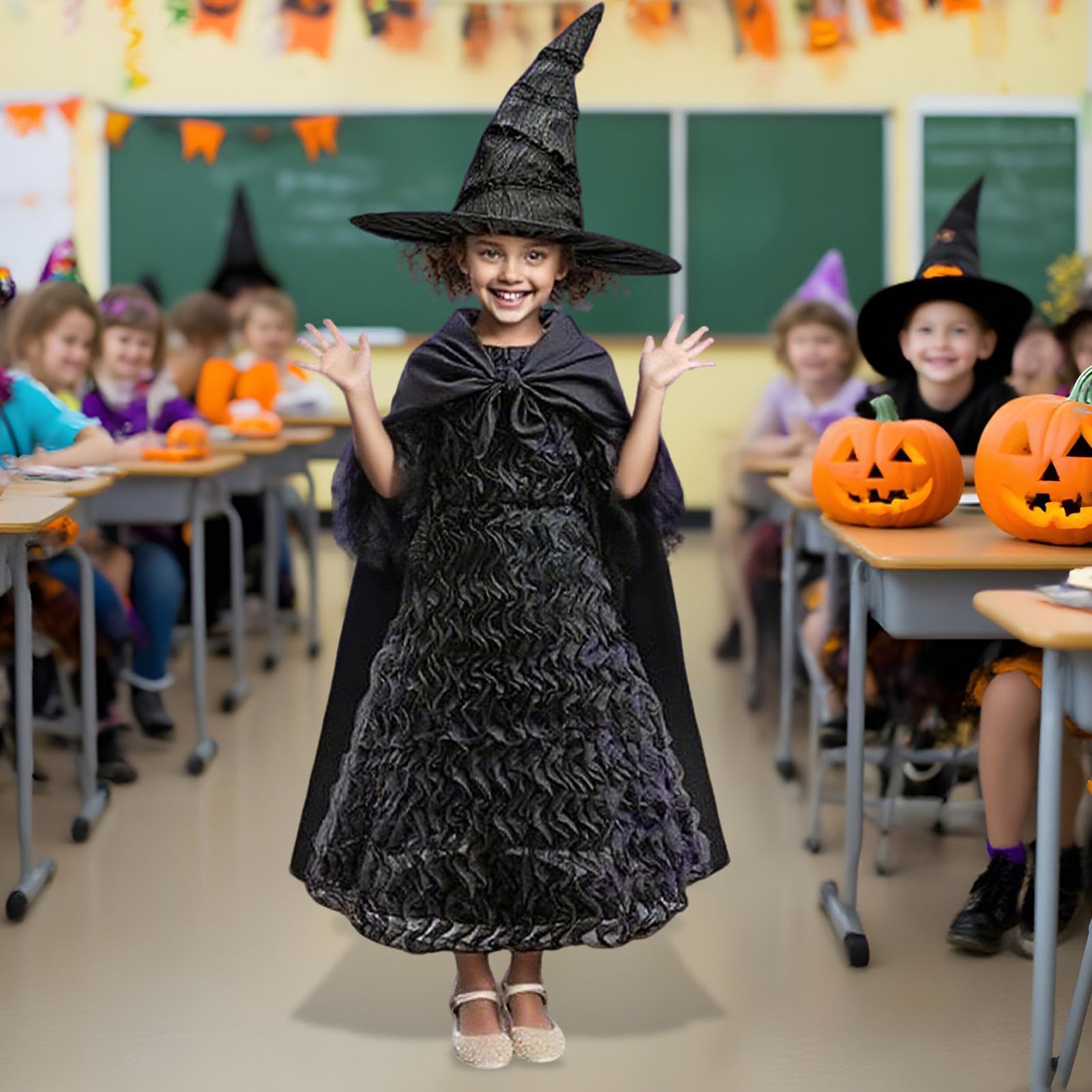 Komplet stroju czarownicy Klasyczne Przebranie Z Horroru | Czarna Sukienka Czarownicy, Kapelusz Cosplay do Nawiedzonego Domu Dramatu Występów Scenicznych dla Córki Uczennic