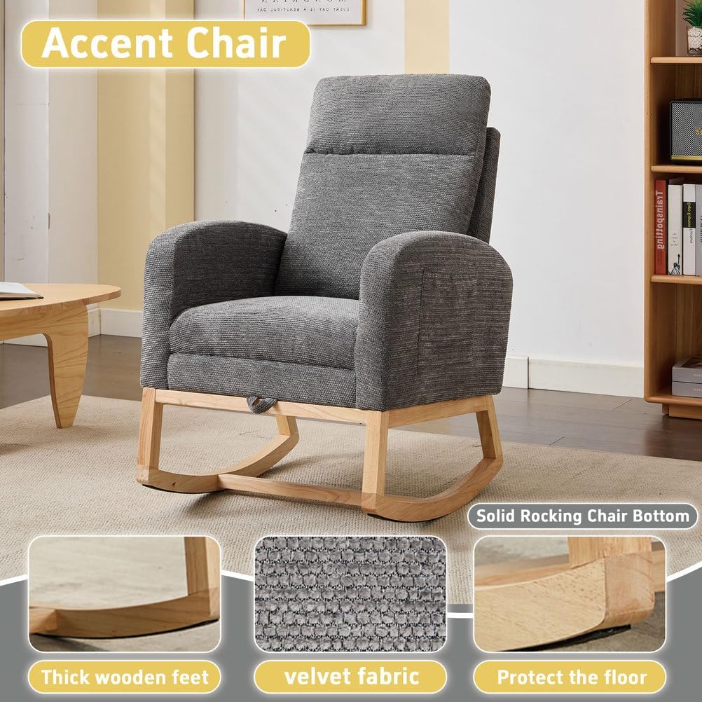Nursery Rocking Chair with Extra Stable Wooden Base, High Backrest Glider Rocker with Side Pocket & Floor-Protecting Pads, Comfy Teddy Upholstered Armchair for Nursing, Reading, Bedroom