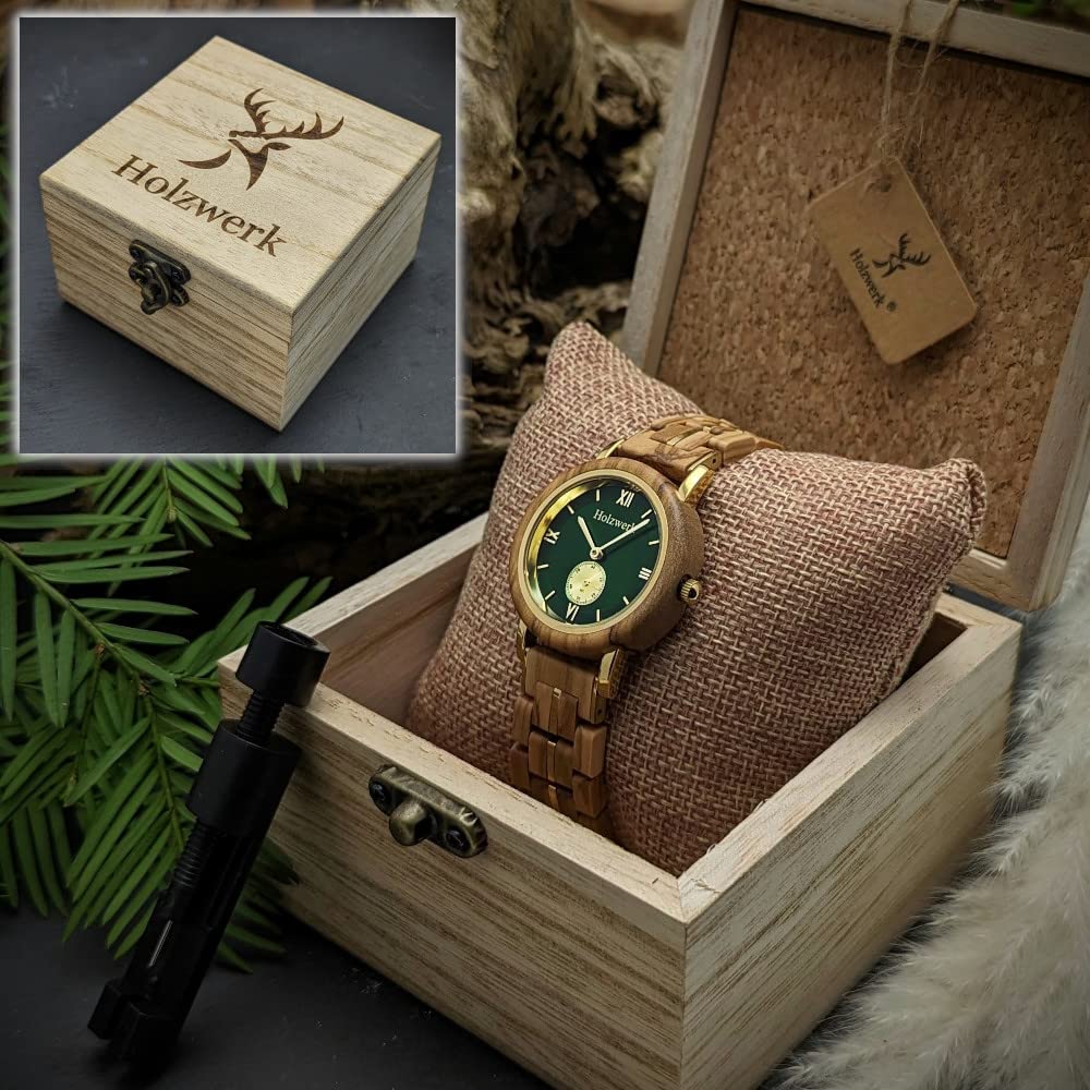 Holzwerk Germany Handgefertigte Designer Damen Uhr Öko Natur Holz Braun Blau Grün Rot Rosa Holz Armband Analog Klassisch Quarz