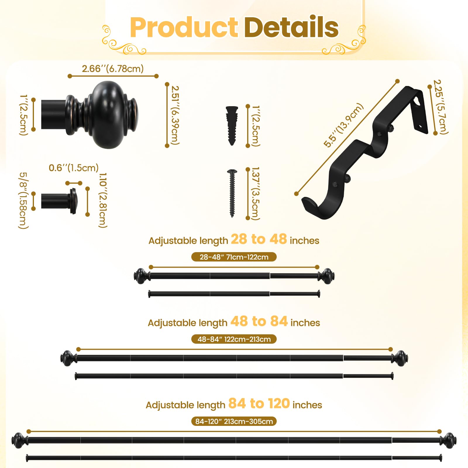 -BHSRODS – Ensemble de tringles à rideaux doubles de 2,5 cm – Tringles de tension pour fenêtres de 122 à 213,4 cm avec embouts ronds pour salon et chambre à coucher – Noir
