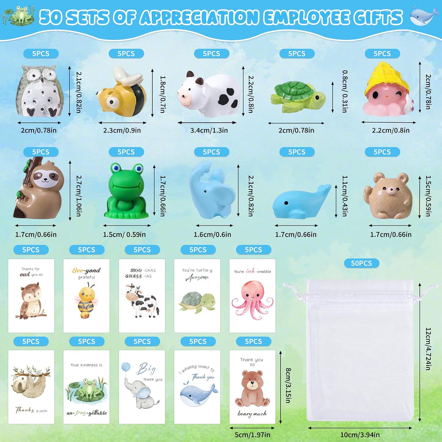 BESARME 50 Set Employee Appreciation Gifts Bulk for Coworkers Thank You Staff Teacher Appreciation Bulk Resin Animal Gift Set with Inspirational Note Cards