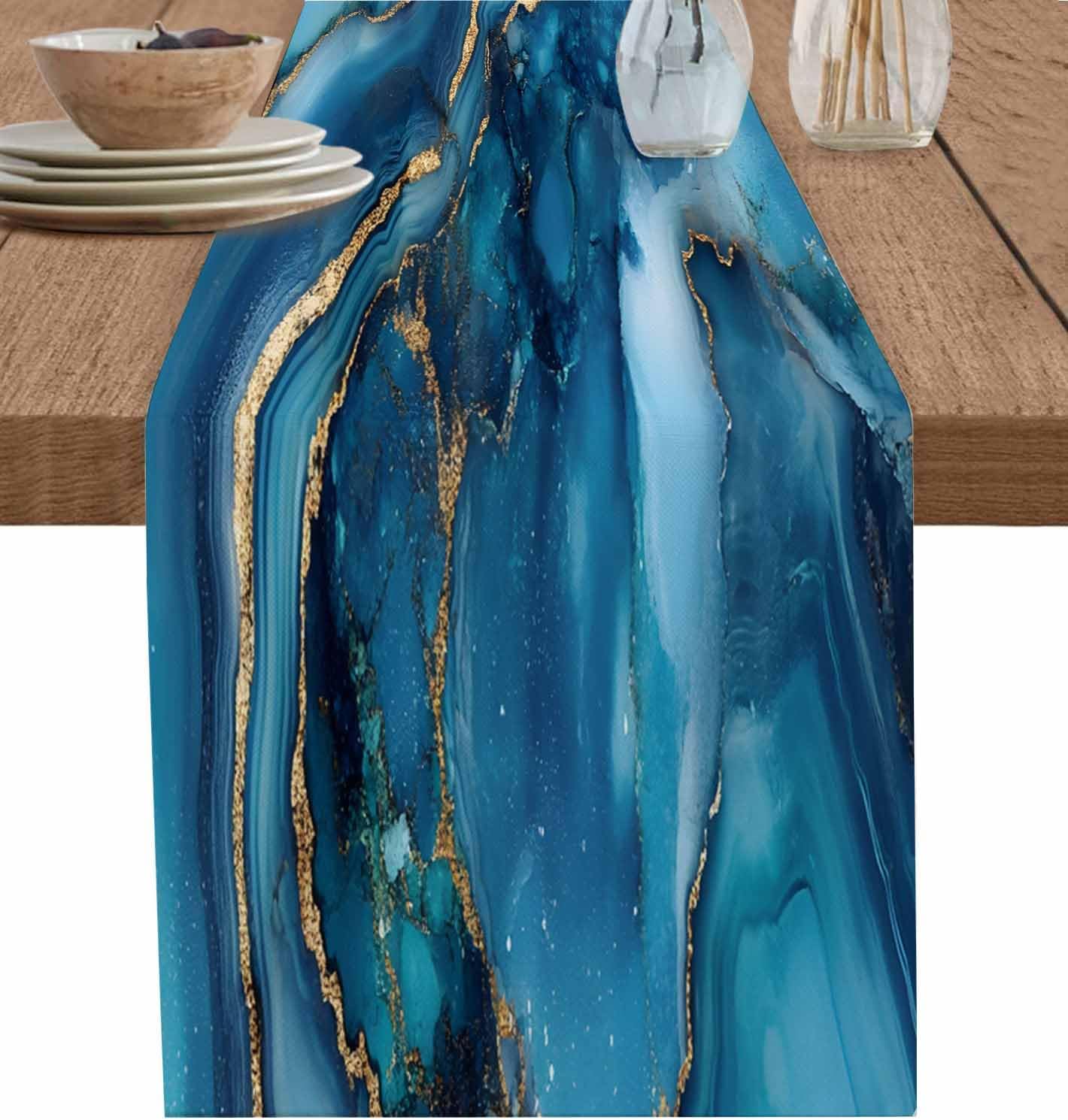 Navy Blue Marble Table Runner - 120 Inch Long Ink Painting Modern Abstract Yellow Cotton and Linen Blended Dress Scarves Farmhouse Table Runner for Kitchen Dining, Coffee Table, 13" x 120"