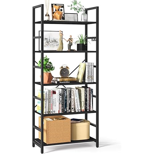Yoobure 5 Tier Bookshelf - Tall Book Shelf Modern Bookcase for CDs/Movies/Books, Rustic Book Case Industrial Bookshelves Book Storage Organizer for Bedroom Home Office Living Room Black
