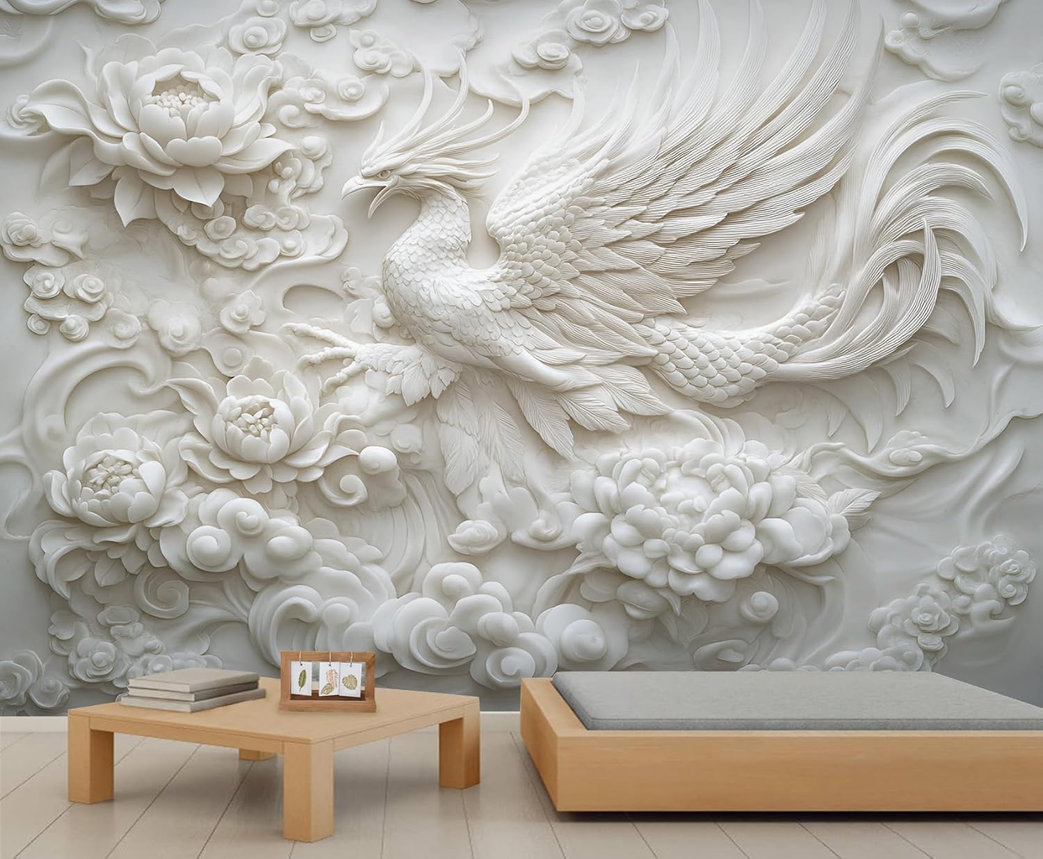Phoenix 3D Murals, White Peony Removable Wallpaper, 3D Roman Sculpture Wall Painting Wallpaper for Living Room Bedroom Office, 157" x 110"