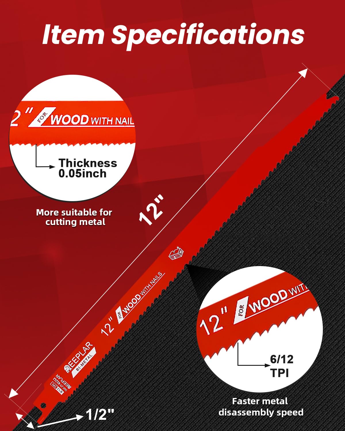 10 Pack 12 Inch 6/12 Tpi Reciprocating Saw Blades for Nail-Embedded Wood,Bi-Metal Blades for Cutting Stud and Nail PVC Pallets etc