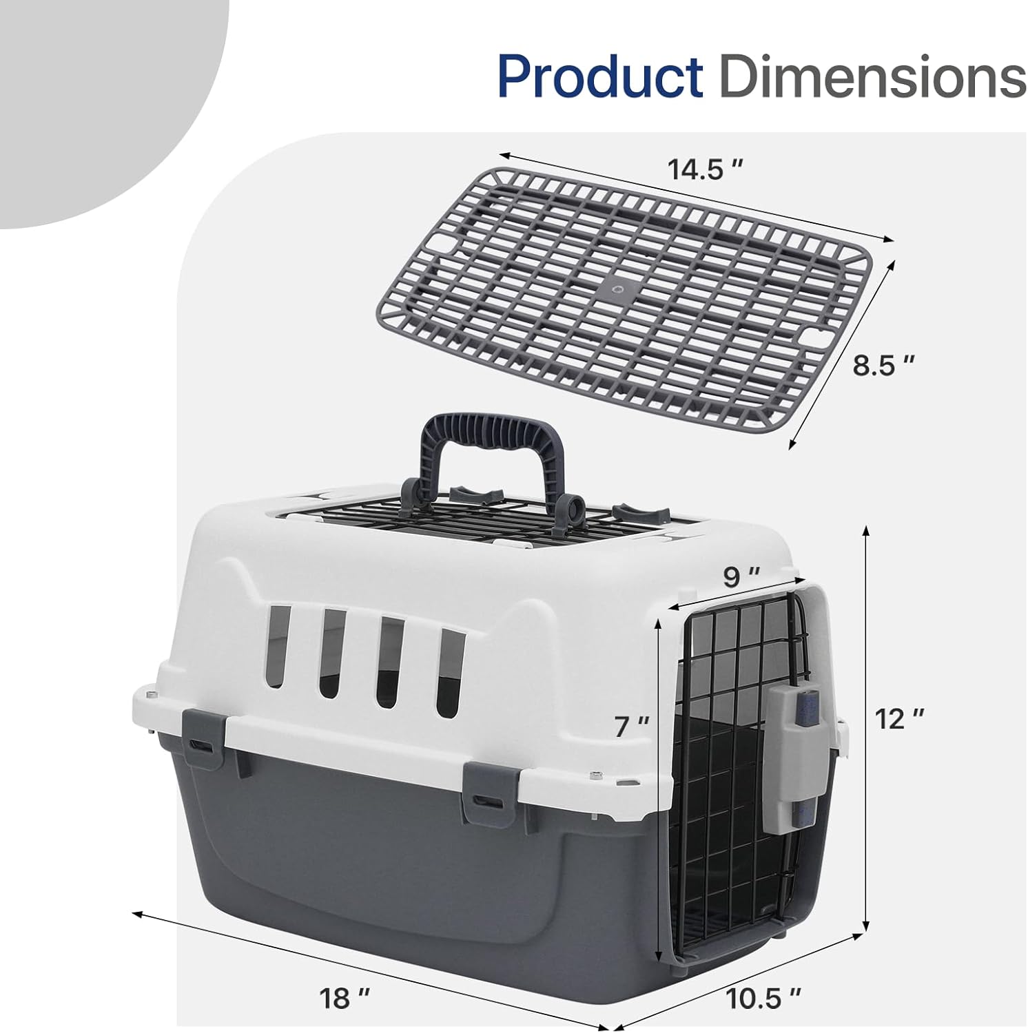 18 Inch Hard-Sided Plastic Dog Carrier 2 Door Travel Crate for Small Dogs Cats up to 10 lbs, Durable Handle, Security Lock Design, Gray